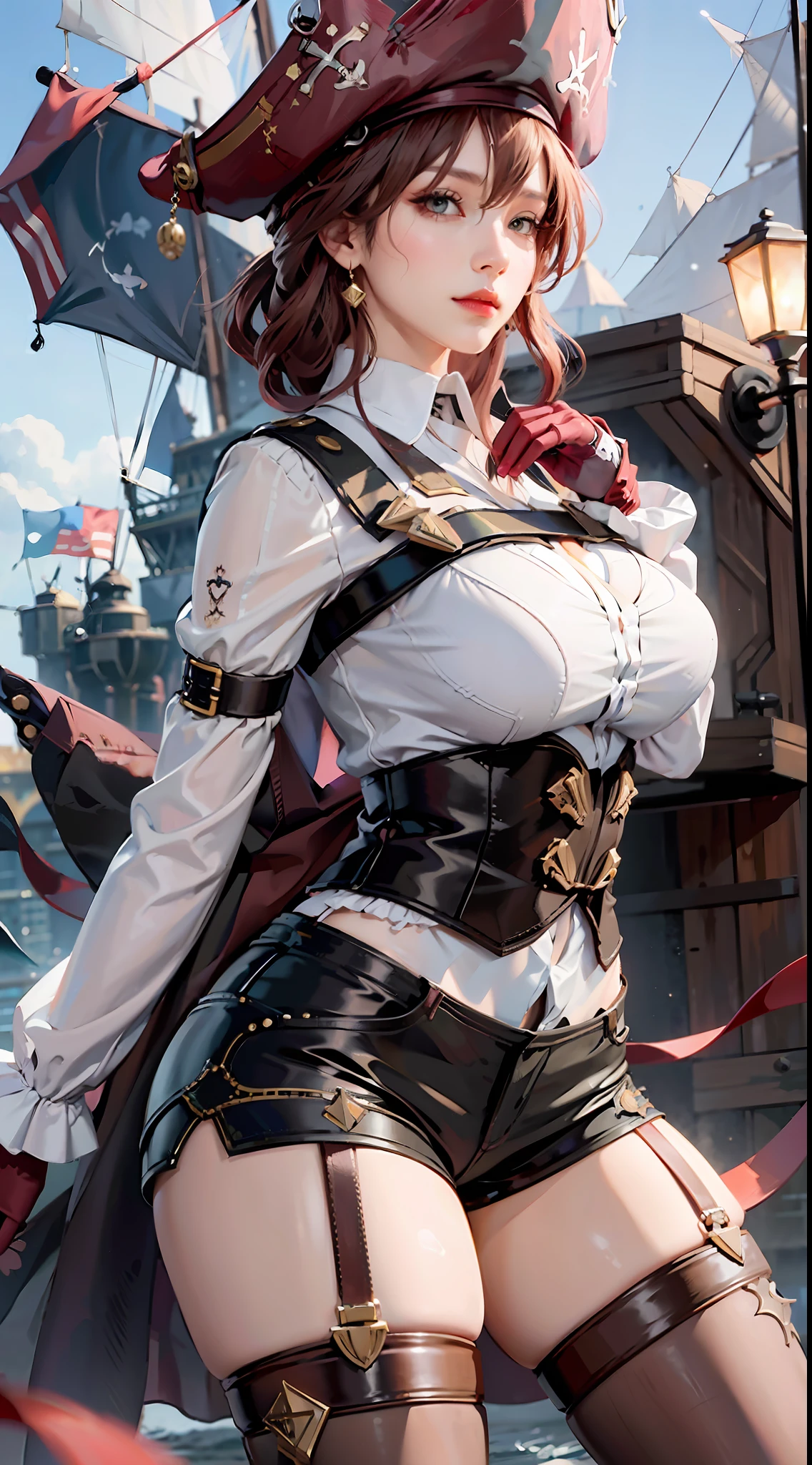 Original, close-up, steampunk, ((gear giant ship background, precision gear deck)), full body portrait, very detailed wallpaper, very detailed illustrations, (1 girl), perfect female body, beautiful eyes, (delicate face), (seductive expression), eyes, shock, ((pirate hat, pirate suit,)), (pirate, classical complex luxury pirate ship)), (red lips) (delicate and intricate black gloves), (fair skin), (best lighting), (super complex details), 4K unity, (( Super detailed CG), revealing fair legs, stockings, hot pants, shorts,