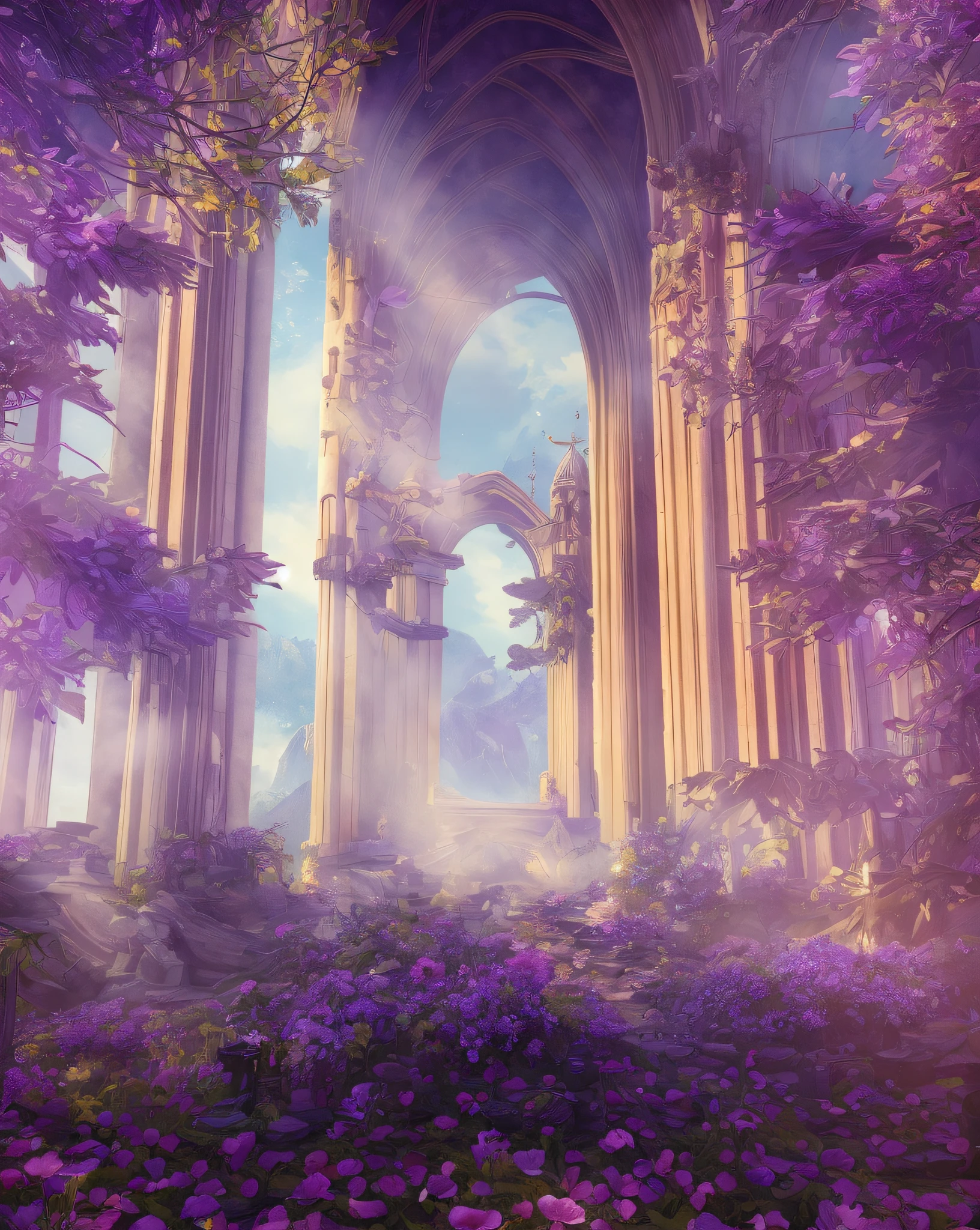 a view of a cathedral with a lot of flowers in the foreground, a massive cathedral in a forrest, beautiful render of a fairytale, gigantic pillars and flowers, unreal engine ; romantic theme, unreal 5 engine highlly render, rendered in the unreal engine, unreal engine fantasy art, entrance to ethereal realm, cathedral background, blossoming path to heaven, intricate detail. unreal engine