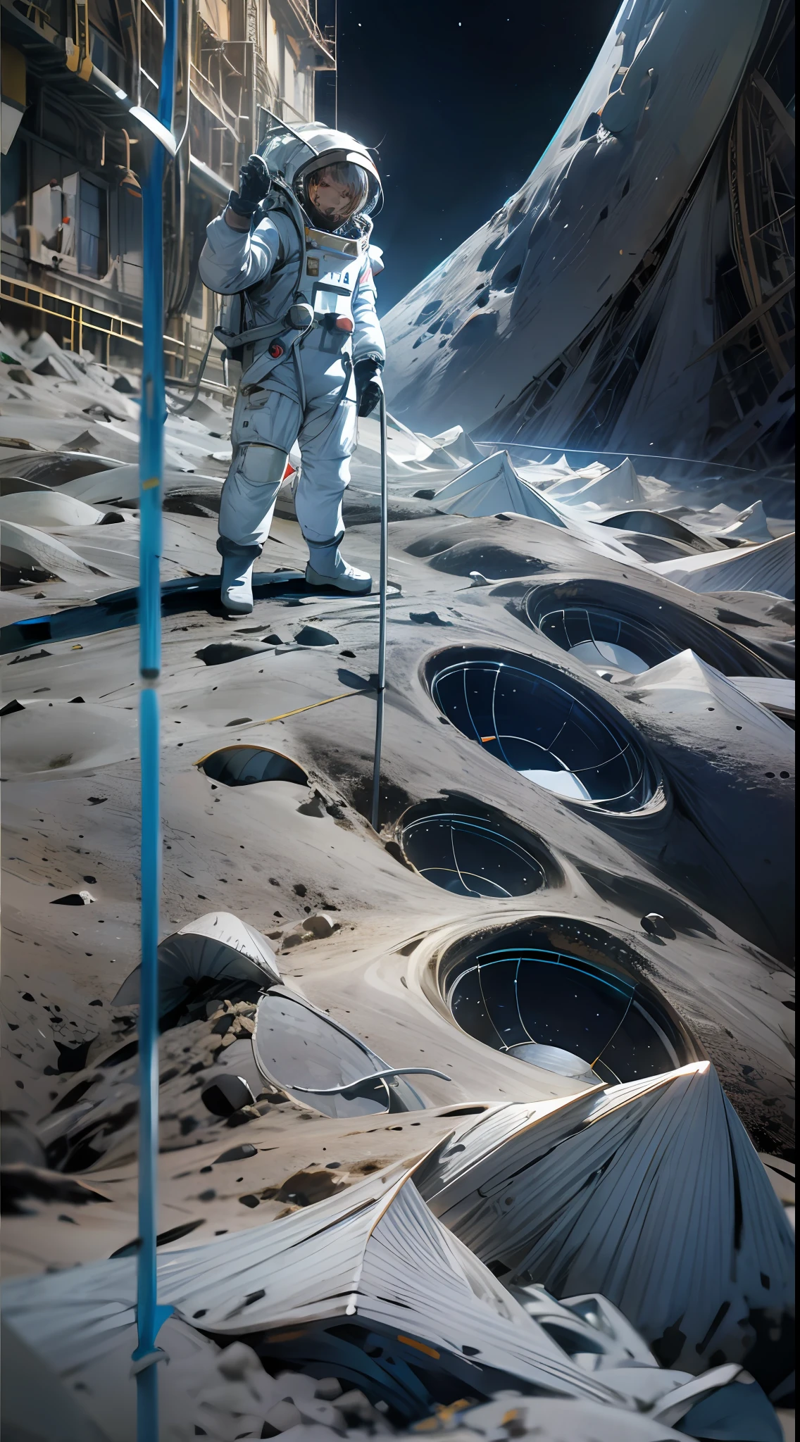 Astronauts standing on the moon, looking up at the blue earth,