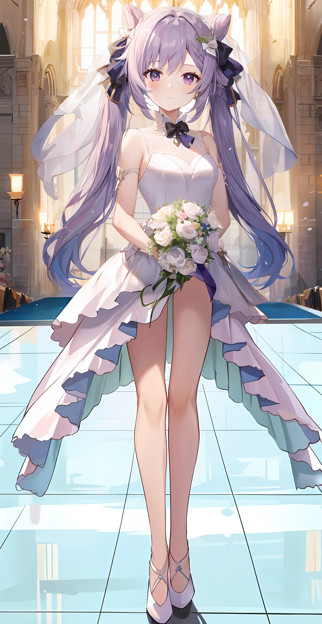 Wedding dress, white silk, slender legs