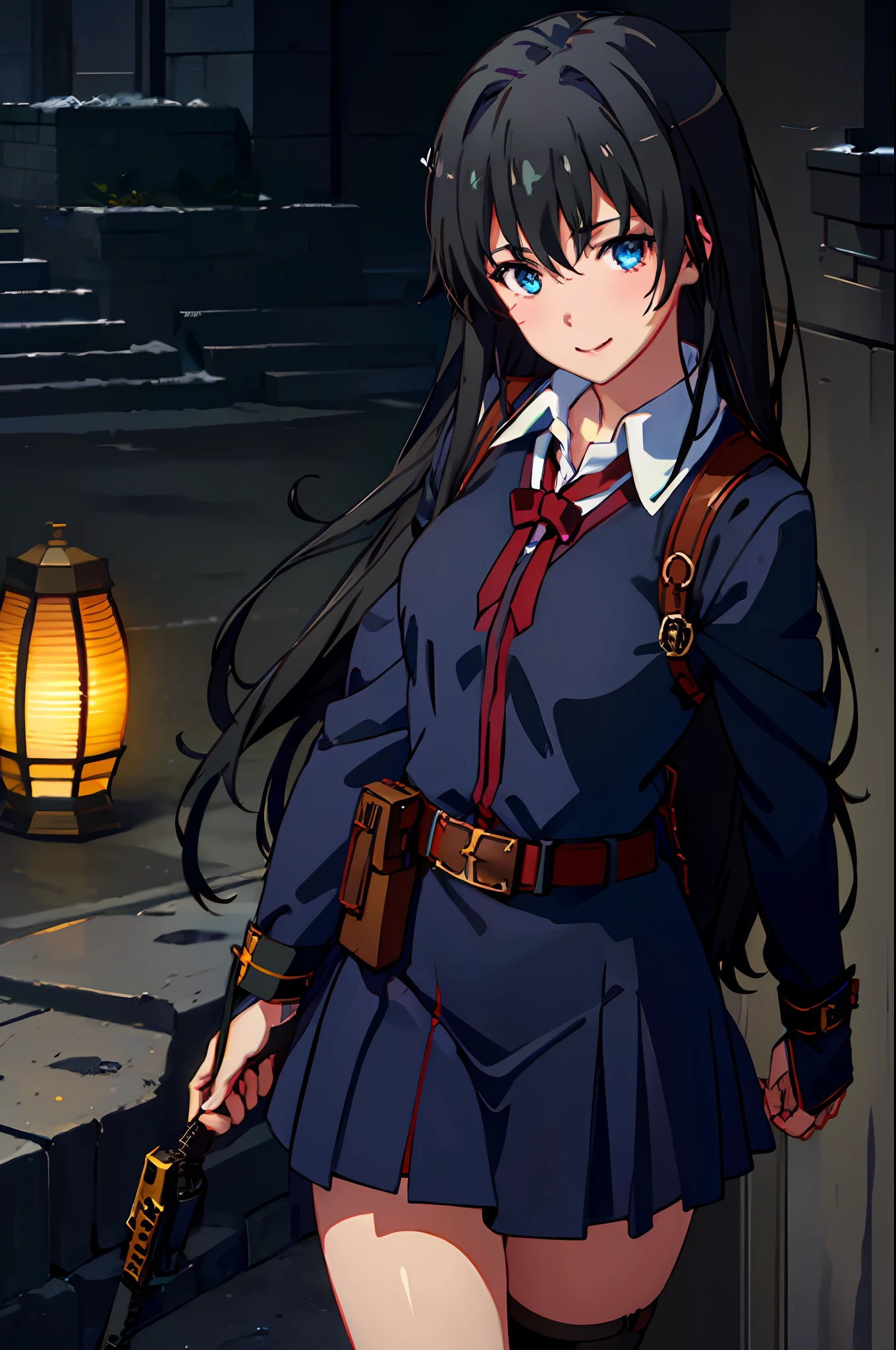 masterpiece, best quality, 4k illustration, amazingly fine detail, depth of field, (yukinoshitaYukino:1.5), masterpiece, best quality, (((blue eyes))), 1girl, looking at viewer, standing, upper body, outdoors, (full body), detailed eyes, smile, beautiful pretty face, (((facing viewer))), (((wearing fantasy isekai soldier clothing))), (((combat gear))), (((military tactical gear))), trending on pixiv, trending on twitter illustration, ((((dramatic lighting))))