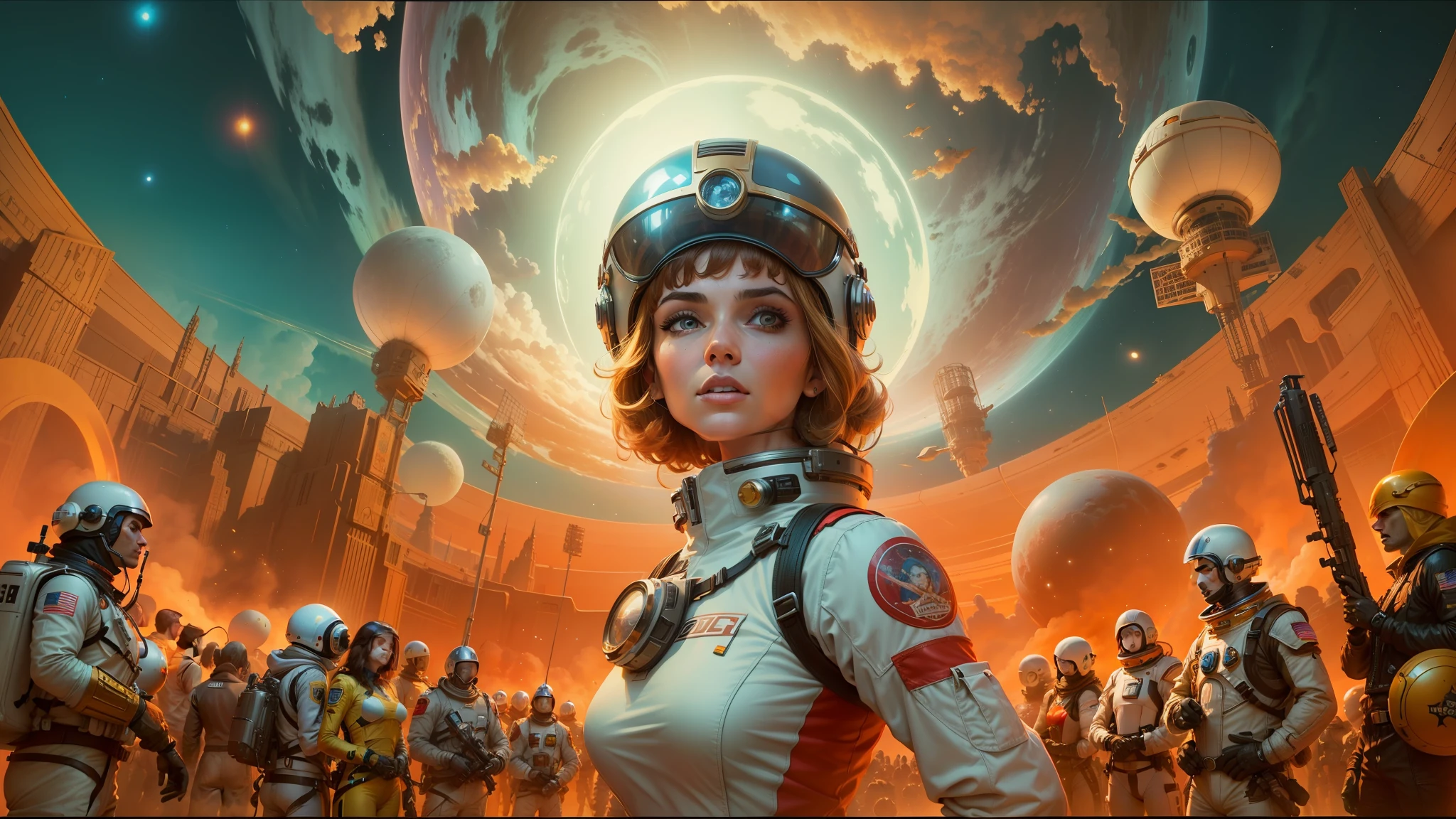 arafed image of a woman in a space suit standing in front of a group of people, kilian eng and thomas kinkade, 1970s style, by Victor Adame Minguez, distributed consciousness, album artwork, josan gonzales, barbarella, wearing a round helmet, 6 0 s french movie poster, from a 2 0 1 9 sci fi 8 k movie --auto --s2