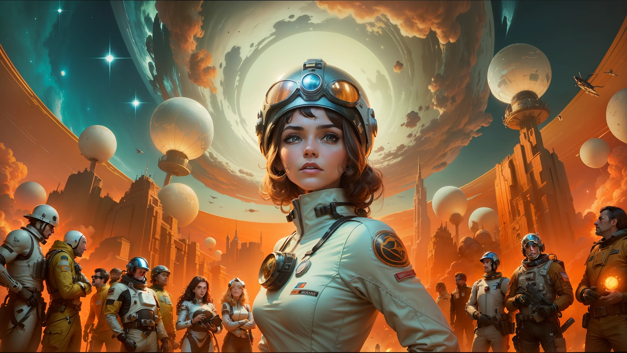 arafed image of a woman in a space suit standing in front of a group of people, kilian eng and thomas kinkade, 1970s style, by Victor Adame Minguez, distributed consciousness, album artwork, josan gonzales, barbarella, wearing a round helmet, 6 0 s french movie poster, from a 2 0 1 9 sci fi 8 k movie --auto --s2