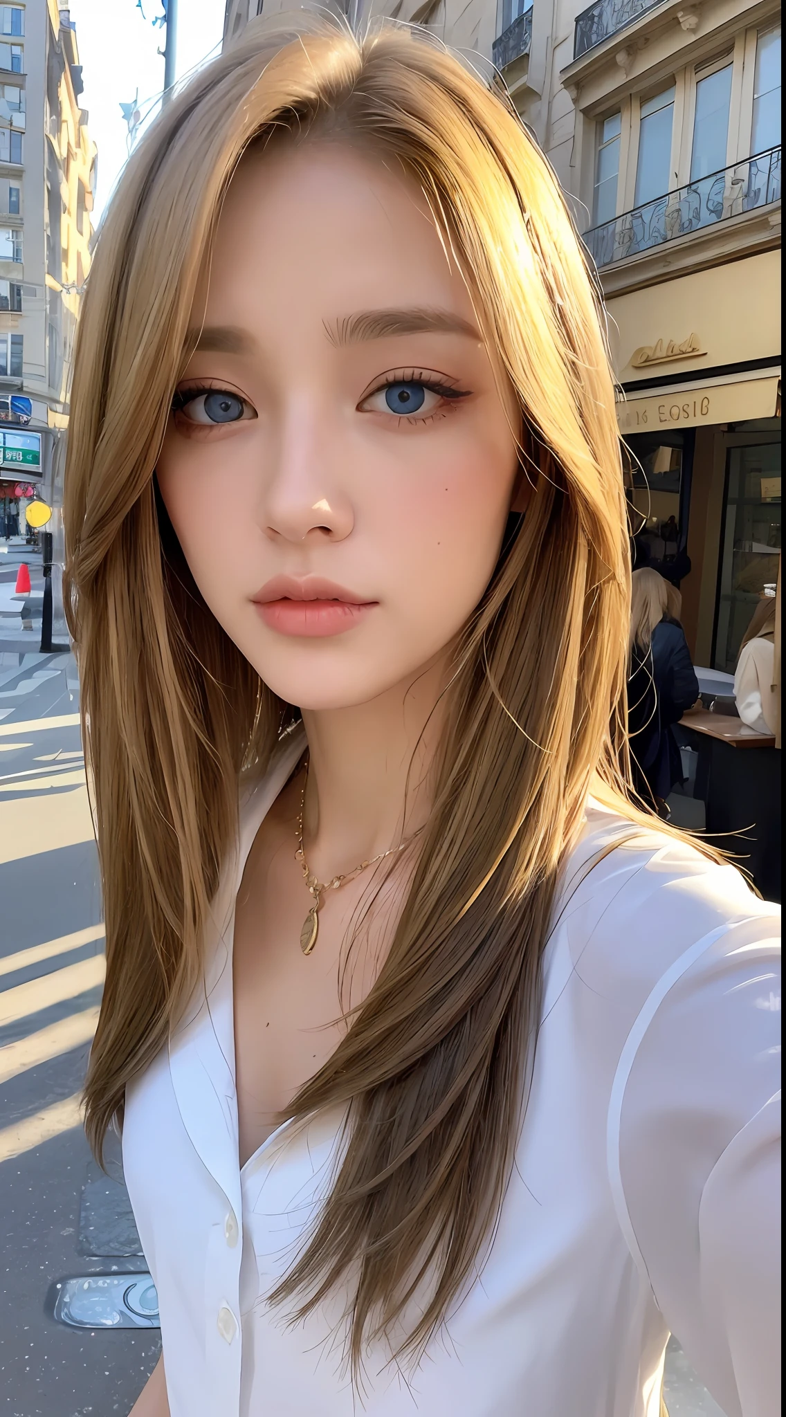 ((Top Quality, 8K, Masterpiece: 1.3)), Sharp: 1.2, Perfect Body Beauty: 1.4, Slim Abs: 1.2, ((Layered Hairstyle, Big: 1.2)), (Wet White Button Long Shirt: 1.1), (Rain, Street: 1.2), Wet: 1.5, Highly Detailed Face and Skin Texture, Detailed Eyes, Double Eyelids, Aspect Looking at the Camera, Blonde, Parisian city, blue eyes, café, necklace