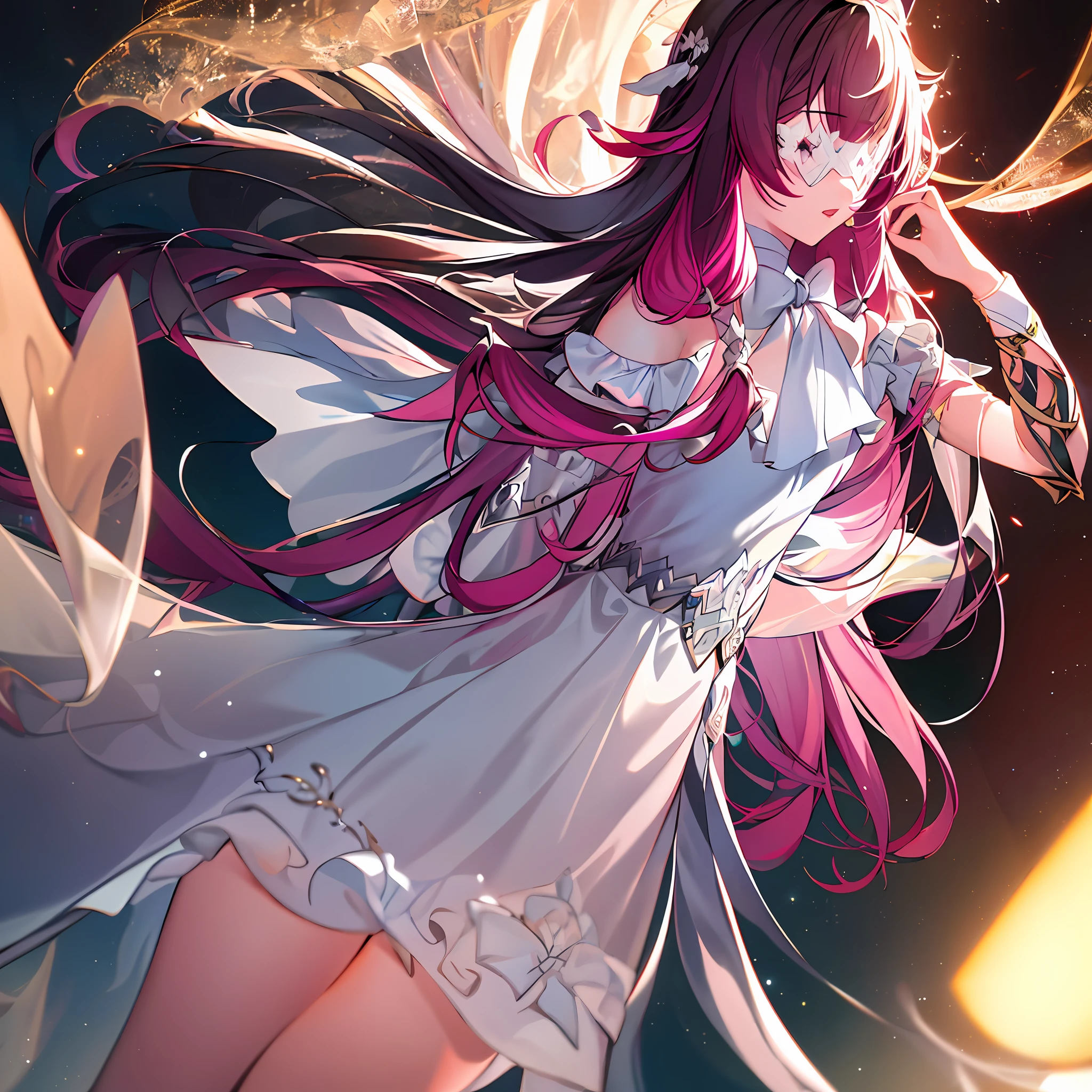 1girl, masterpiece, highest quality, best quality, high detail, best illustration, ray tracing, semi-reality, columbia, pink hair, small tits, white dress, sleeve dress, split sleeves, bare shoulders, eye mask, white mask, 168cm