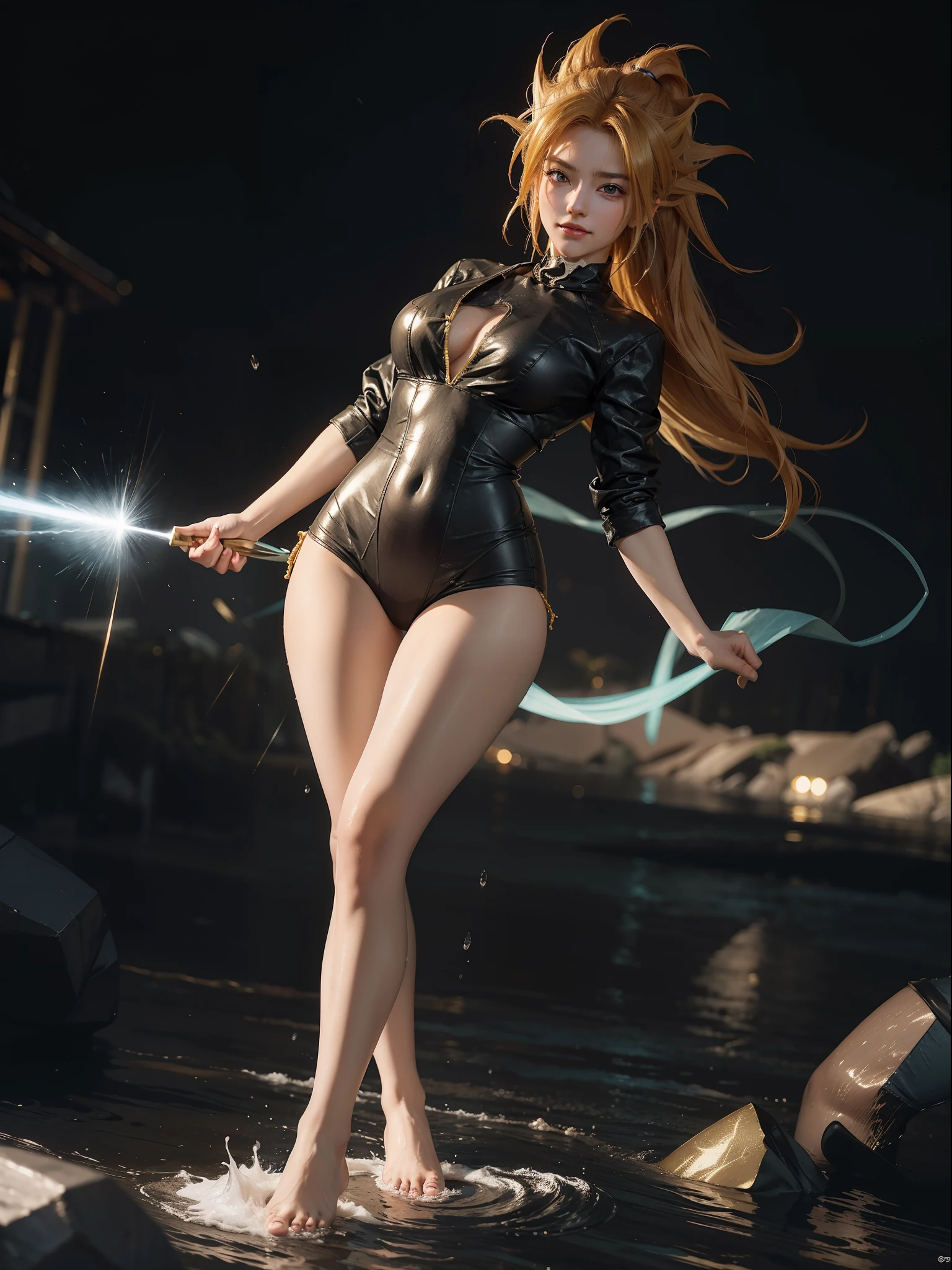 ((Full body photo, feet on the ground, straight body)), ((Laura/woman, big breasts, extremely handsome)), {((transformed into Super Saiyan))} wearing Son Goku's child's costume/extremely tight on the body, emanating aura of golden magic circling furiously around the body. Background, city completely destroyed at night raining hard. Her outfit is soaked in water, she's looking at the viewer, smiling, fists clenched, concentrating magical aura, in a frontal attack pose. High detail, anime, 16k, UHD, retina, retina, ccurate, anatomically correct, textured skin, super detail, high quality, award-winning
