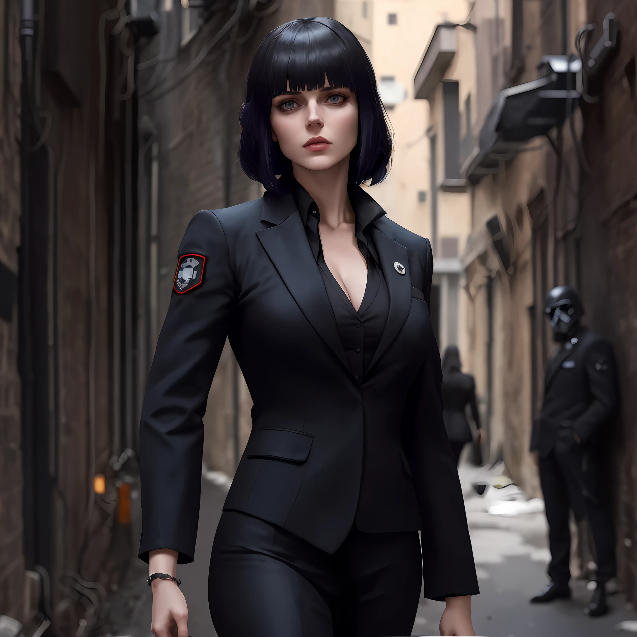 woman in black suit walking down a narrow alleyway with a suitcase, an imperial agent from star wars, female spy, futuristic spy, styled like ghost in the shell, style of julia razumova, girl in a suit, anastasia ovchinnikova, girl in suit, security agent, anya from spy x family, beautiful cyberpunk woman model