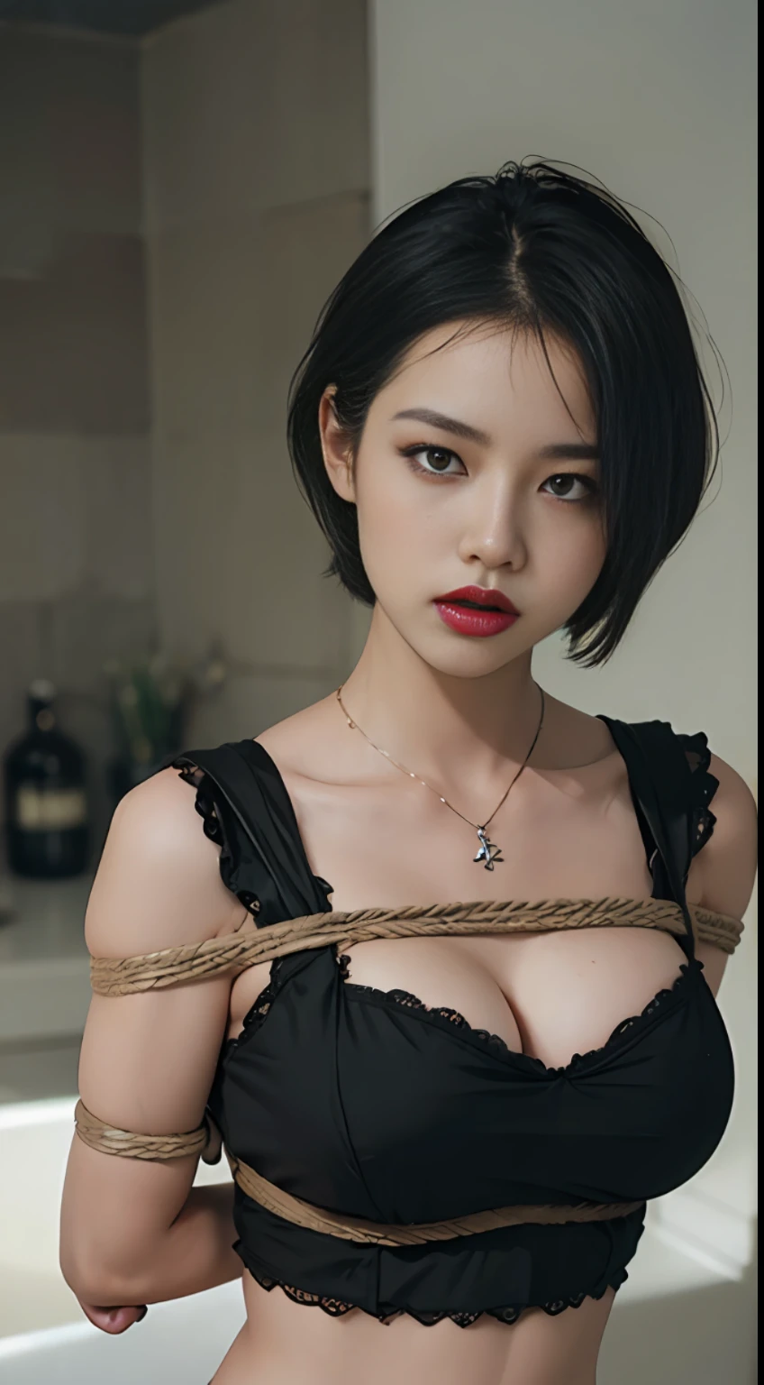 Black Corset, Bondage, Gagged, Angry Face, Very Short Hair, BDSM, slave, Rubber, (in prison cell), Woman in Chains, Full Body, ((arm behind back)), Chains on Collars, ((Best Quality, 8k, Masterpiece: 1.3)), Crisp Focus: 1.2, Beautiful Women in Perfect Shape: 1.4, Slender Abs: 1.2, (( Layer cut, big: 1.2)), (rain, street: 1.2), wet body: 1.5, very detailed face and skin texture, detailed eyes