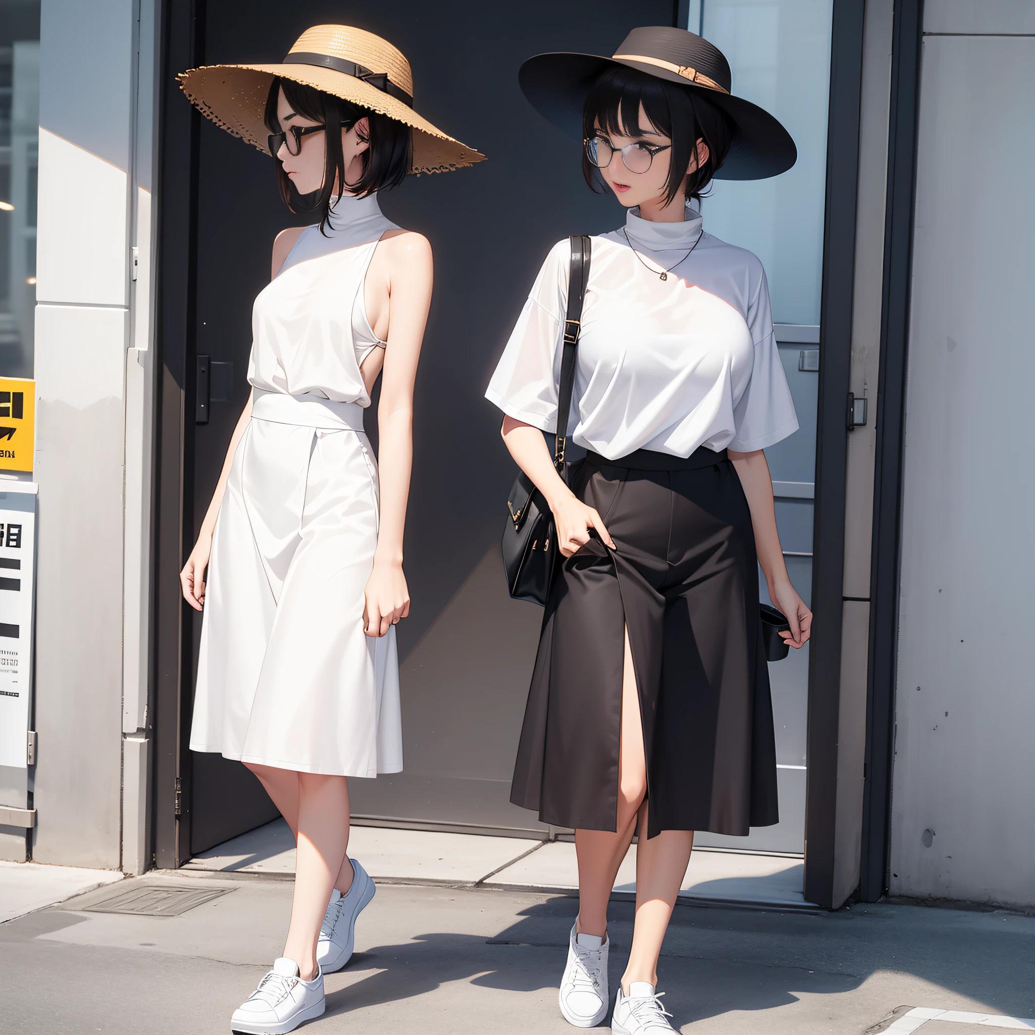 1 female, walking. Asian, shoulder length short brown hair, black bucket hat, glasses, skinny, f-cup breasts, white T-shirt, black sundress trousers, high white socks, high neck convense shoes