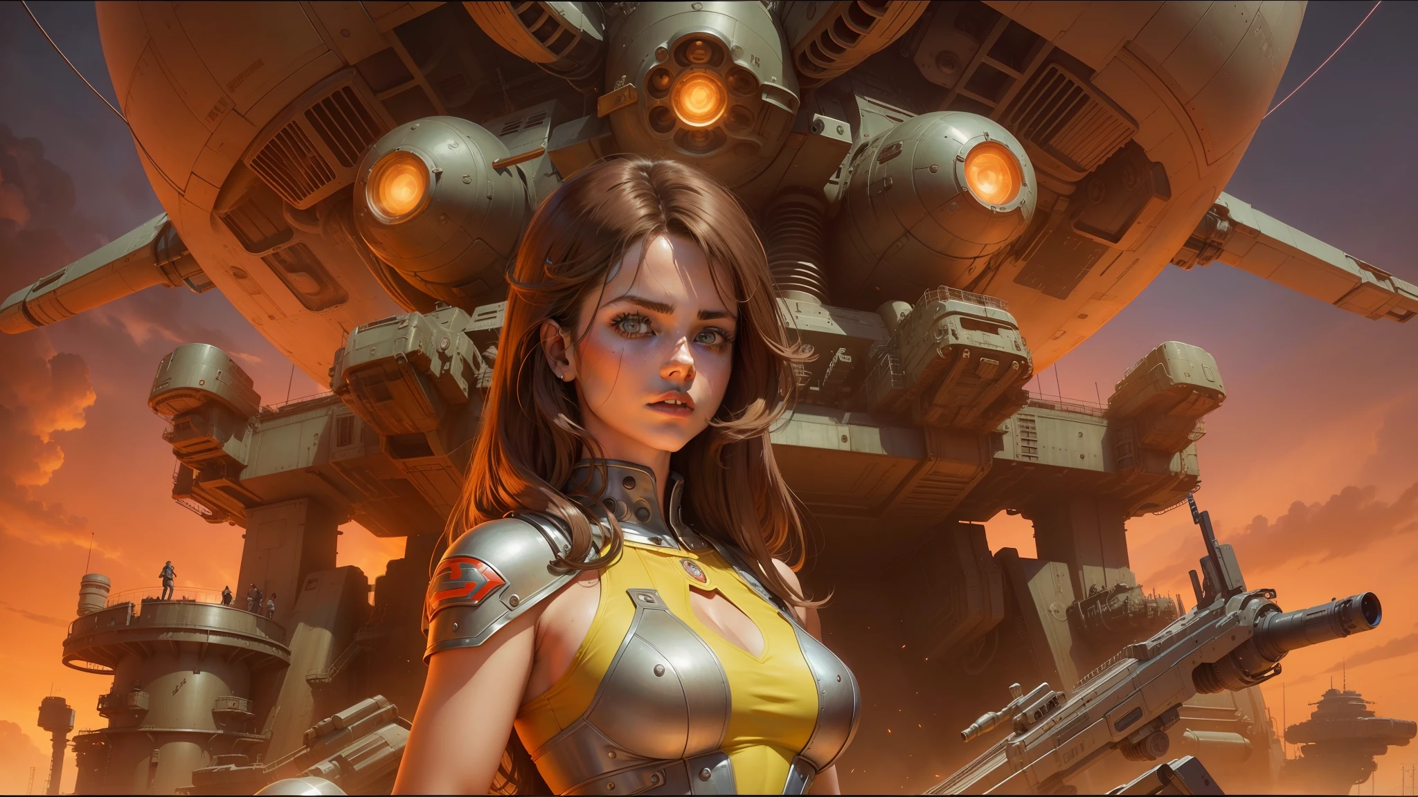 there is a woman in a dress standing in front of a giant robot, by Don Maitz, portrait of sofia vergara, promotional art, attractive brown hair woman, retropunk, protagonist in foreground, inspired by Louis Pohl, mechanic, anime visual of a young woman, compute shader, inspired by Donato Giancola, youtube thumbnail, chrome art --auto --s2