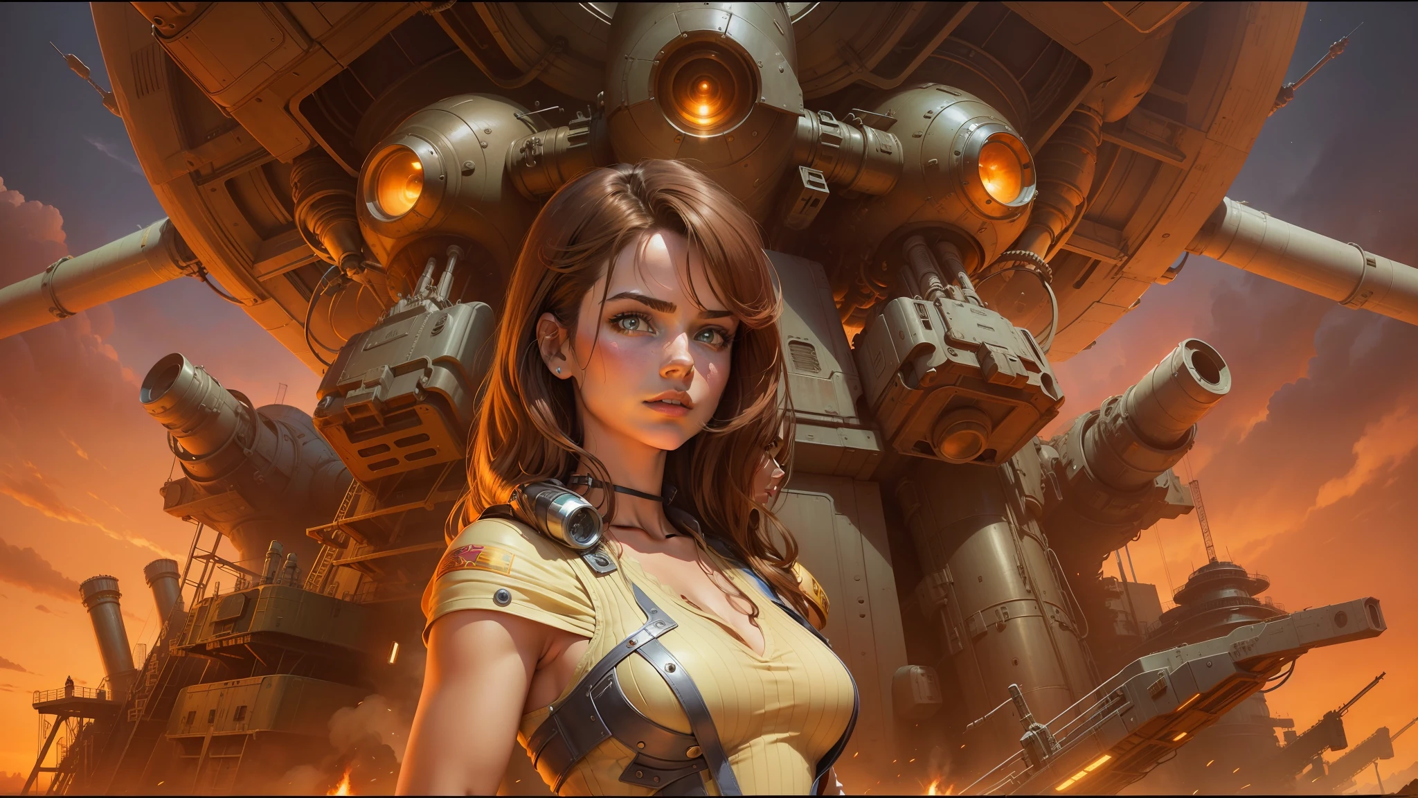 there is a woman in a dress standing in front of a giant robot, by Don Maitz, portrait of sofia vergara, promotional art, attractive brown hair woman, retropunk, protagonist in foreground, inspired by Louis Pohl, mechanic, anime visual of a young woman, compute shader, inspired by Donato Giancola, youtube thumbnail, chrome art --auto --s2