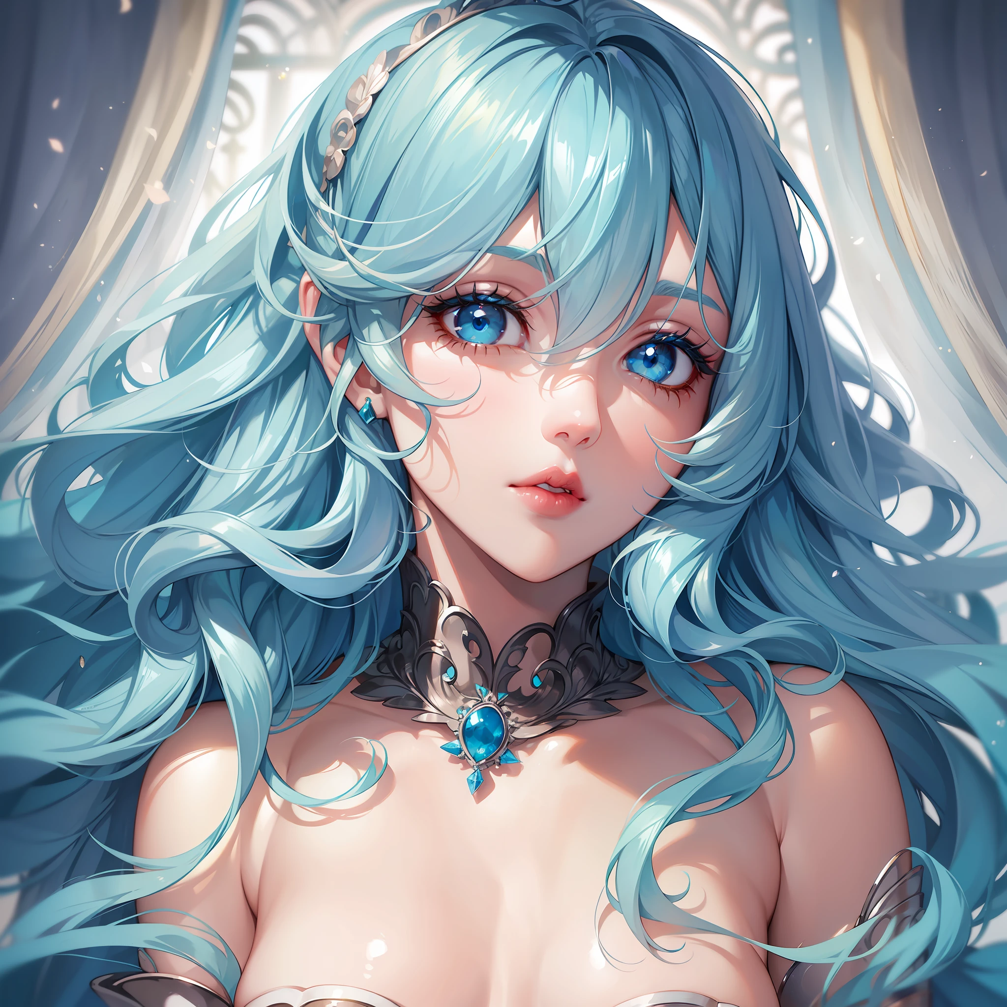 Light blue hair, turquoise eyes, long eyelashes, big red lips, apricot eyes, beauty, girly, curly hair, princess