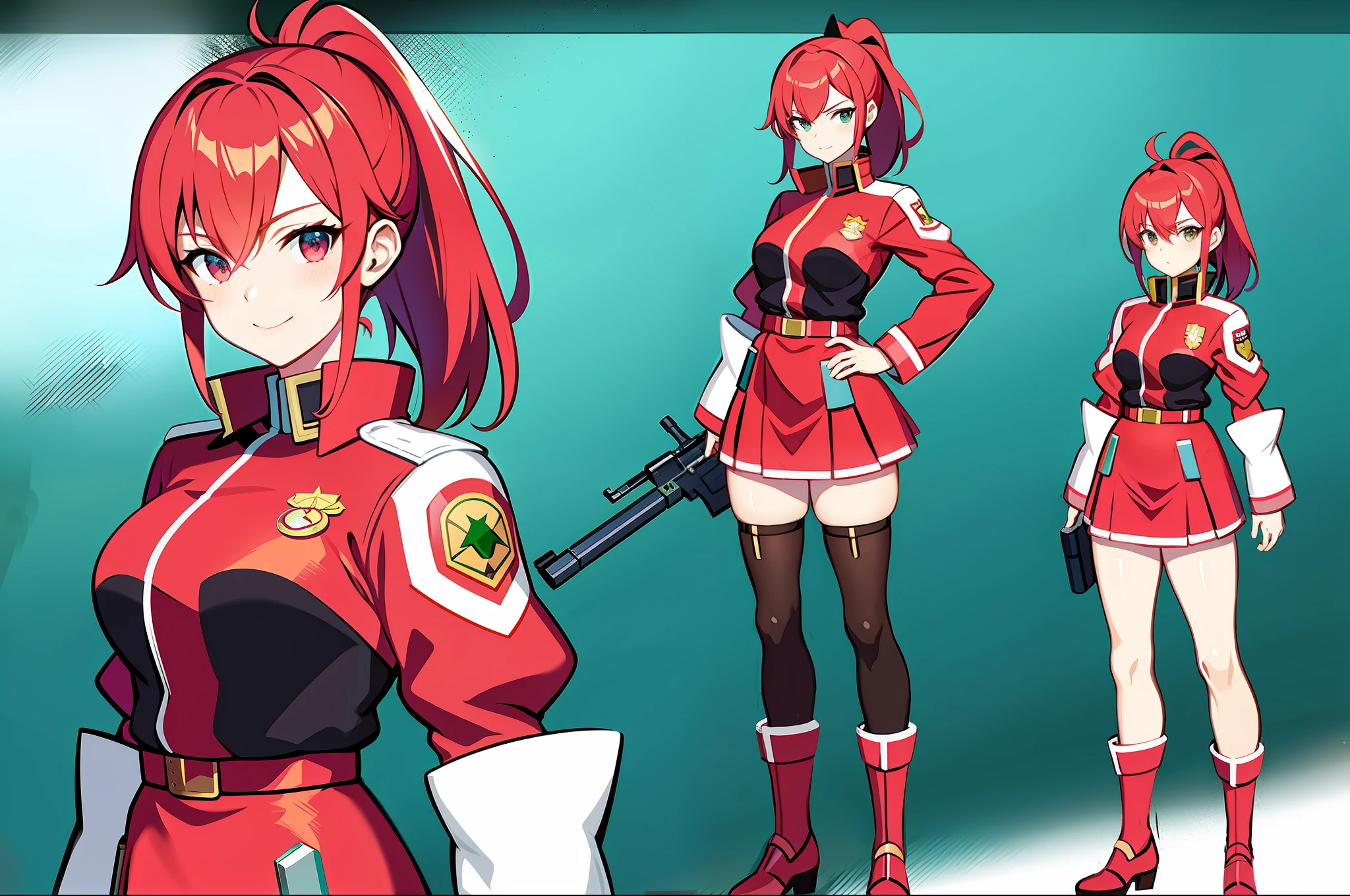 masterpiece,(best quality),anime girl in a red and white uniform with a gun, cushart krenz, female protagonist 👀 :8, cushart kenz, female magical anime. Girl guilty gear art style, sakura kinomoto, anime style character, anime character design, female anime character, katana zero video game character, sakura haruno, fullbody, ponytail, magicalgirl, jacket over uniform,red hair, ribbon on chest,( ( character concept art ) )