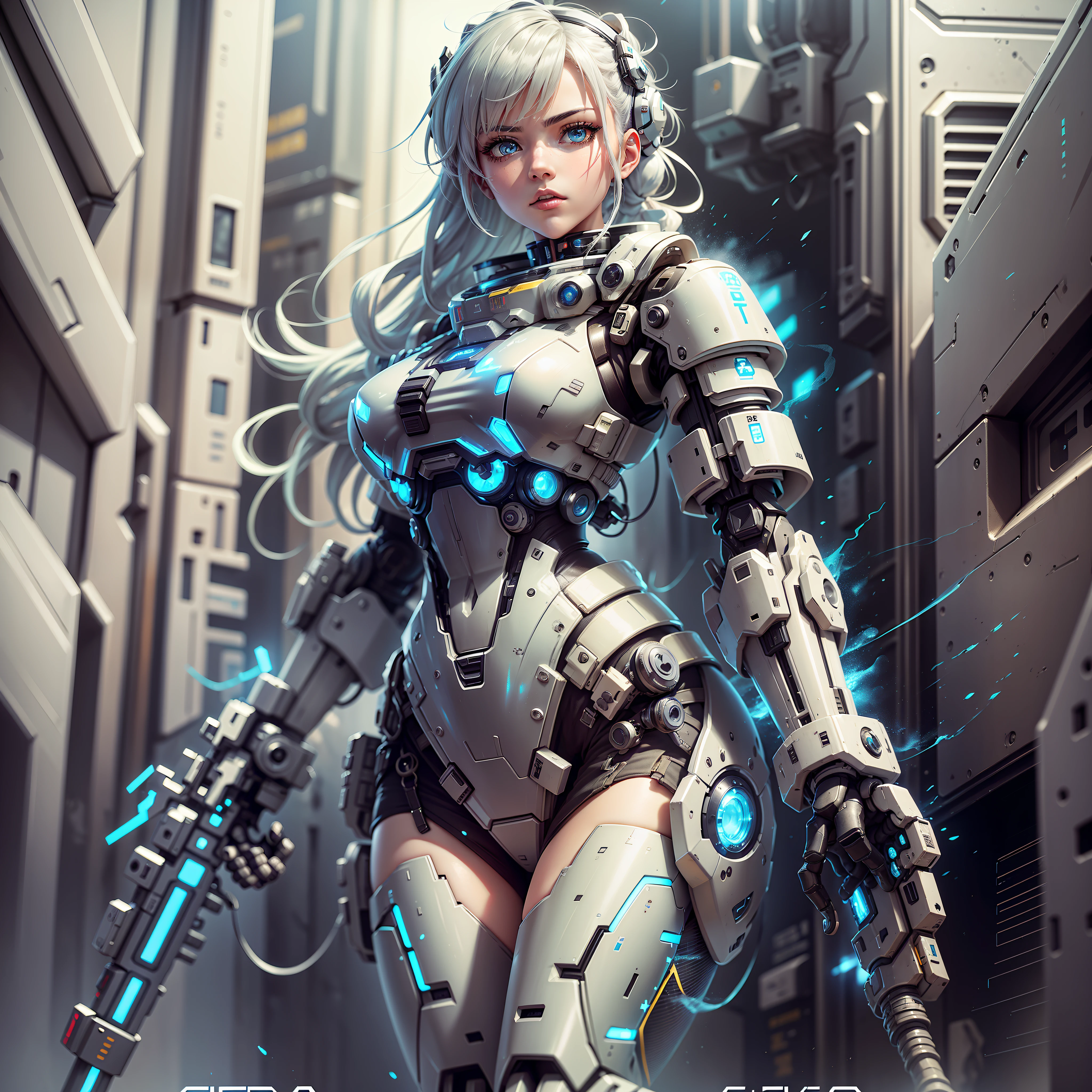 Anime - Female soldier with gun and tank style in background, girl in white mech, cyberpunk anime girl mecha, wearing sci-fi military armor, beautiful white girl cyborg, cyborg - silver girl, Fira white mech, Overwatch echo, perfect anime cyborg woman, blue pupils, CGhSociety inspired --auto --s2