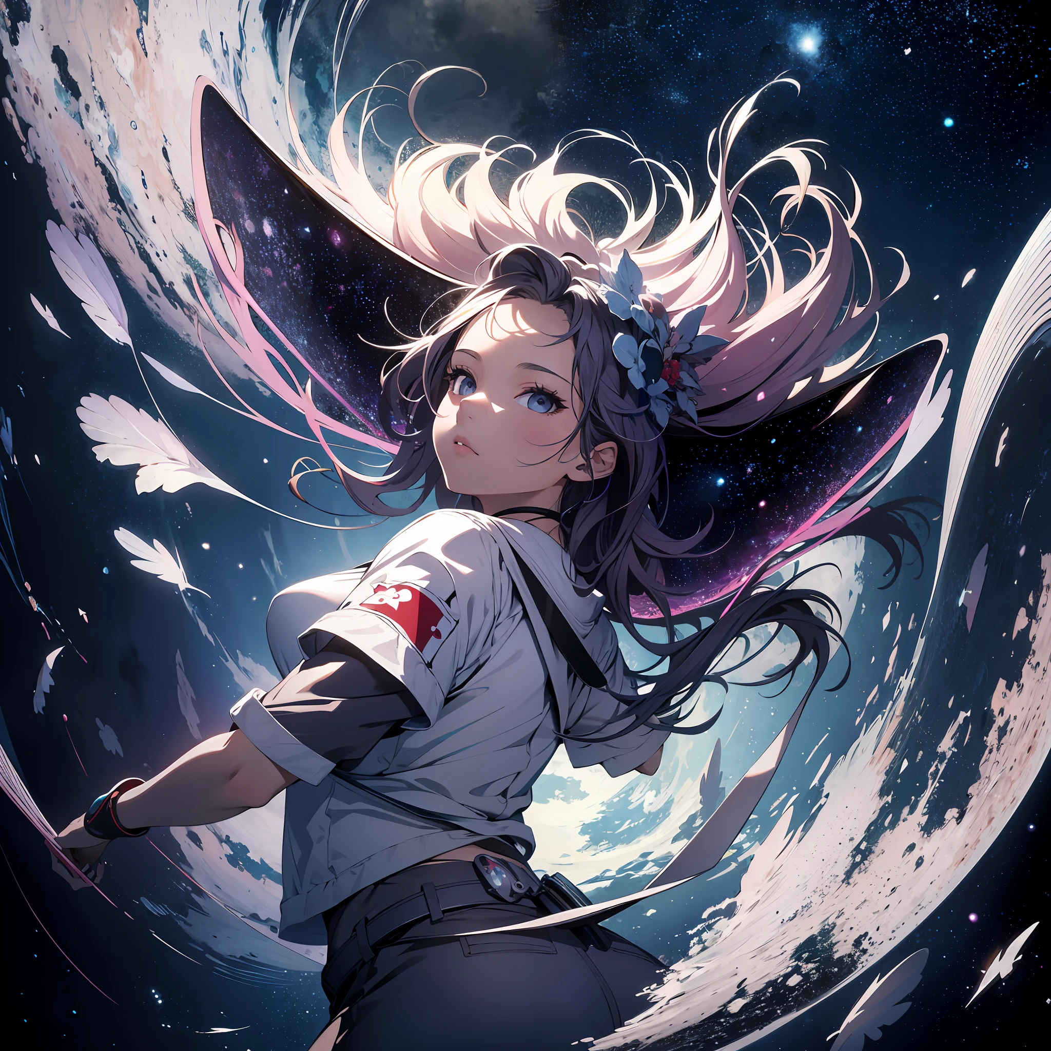 absurd res, high res, (masterpiece:1.4), ultra-detailed, 1girl, from above, space, floating