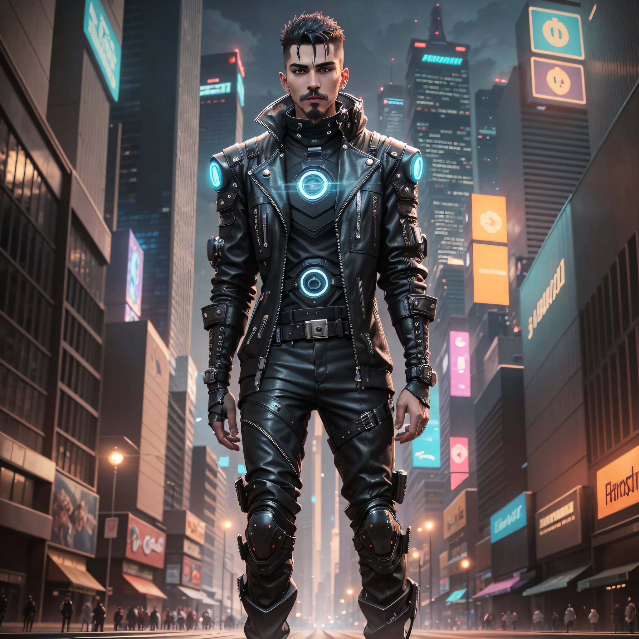 a full body photo of a 19 year old young male man short hair black mustache and black goatee, short skinny futuristic scifi punk with futuristic scifi clothes, futuristic, cyberpunk, looking at the camera, realistic image, cinematic lighting, on a city street at night --auto --s2
