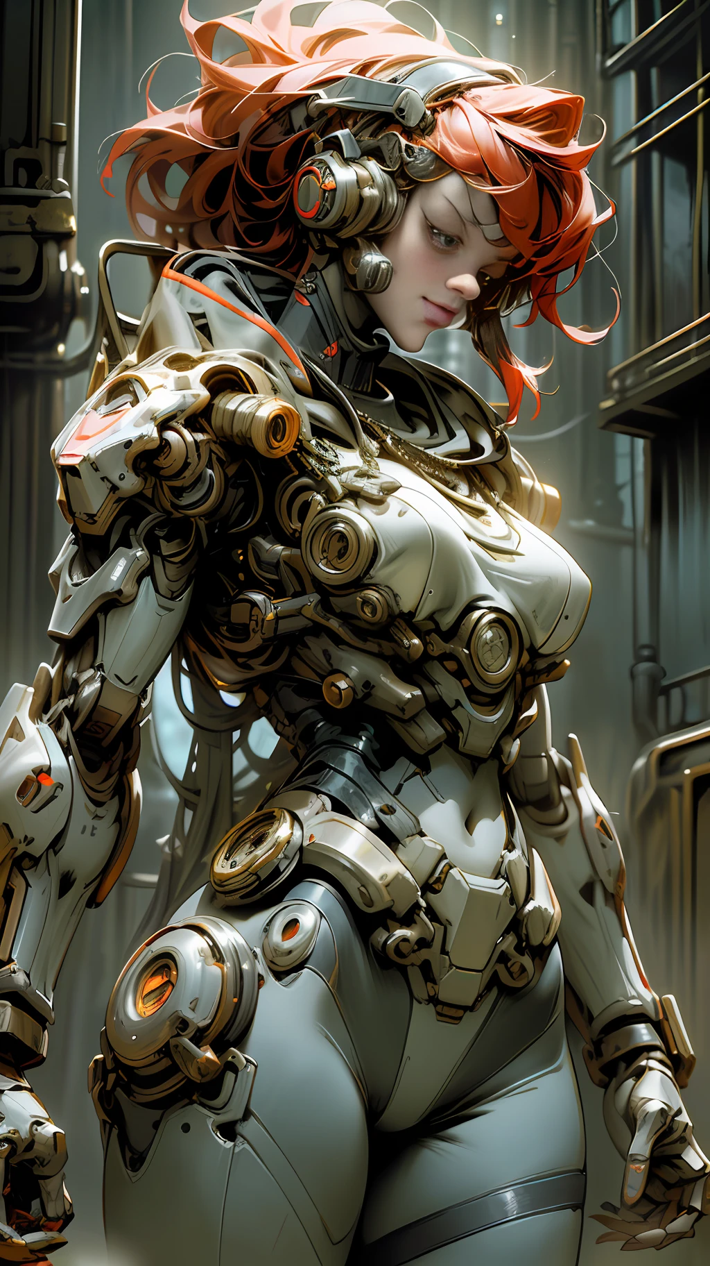 Dark_Fantasy,Cyberpunk,(chain saw,chain saw man,Red:1.1),1 cyberpunk woman,Mechanical marvel,Robotic presence,Cybernetic guardian, wearing a worn-out mech suit, intricate, (steel metal [rusty]), elegant, clear focus, shot by greg rutkowski, soft lighting, vibrant colors, masterpiece, ((street)), cowboy shot, dynamic pose