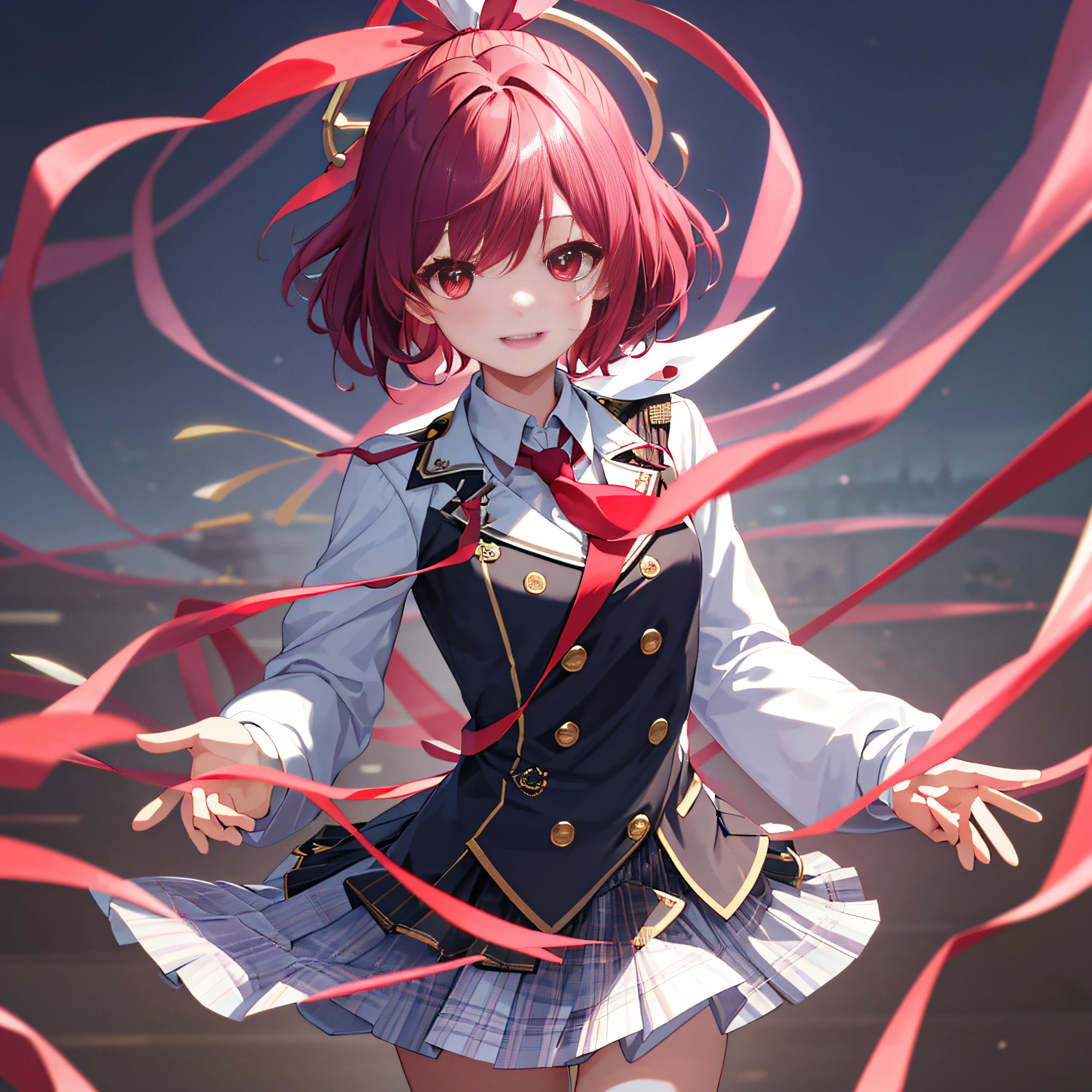 Masterpiece, best quality, exquisite facial features, bust shooting, extremely detailed CG unified 8K wallpaper, (female 1.3), middle school uniform, red eyes, purple short hair, happy, campus, quiet