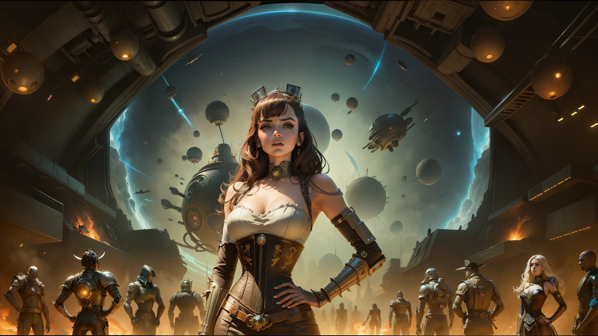 arafed image of a woman in a corset dress standing in front of a group of robots, les edwards poster art, space cowboy, exploding planet in background, cinemascope panorama, holy cyborg necromancer girl, scene from star wars 1977, girlboss, john stephens, by Juan Giménez, 2070s, steampunk aesthetic --auto --s2