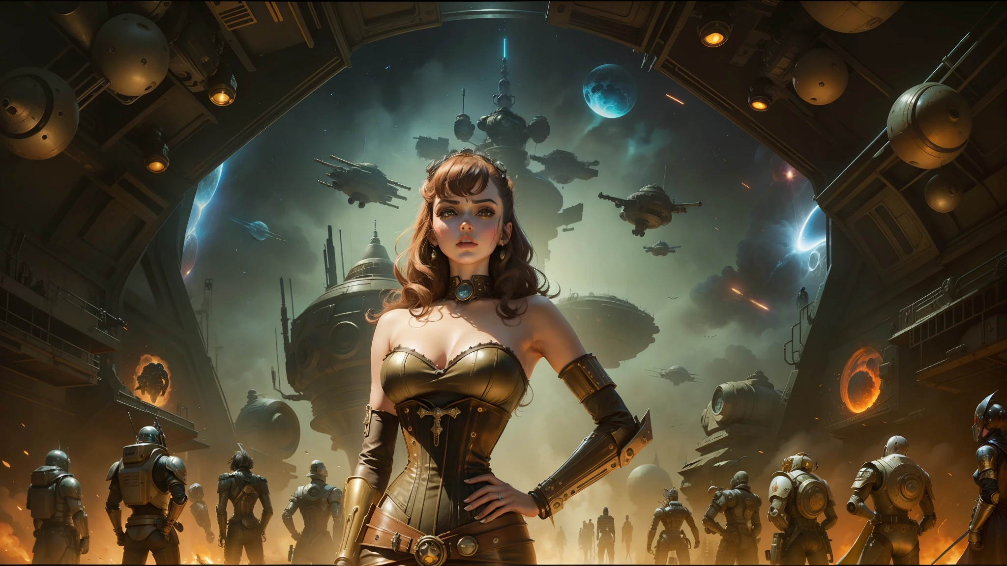 arafed image of a woman in a corset dress standing in front of a group of robots, les edwards poster art, space cowboy, exploding planet in background, cinemascope panorama, holy cyborg necromancer girl, scene from star wars 1977, girlboss, john stephens, by Juan Giménez, 2070s, steampunk aesthetic --auto --s2