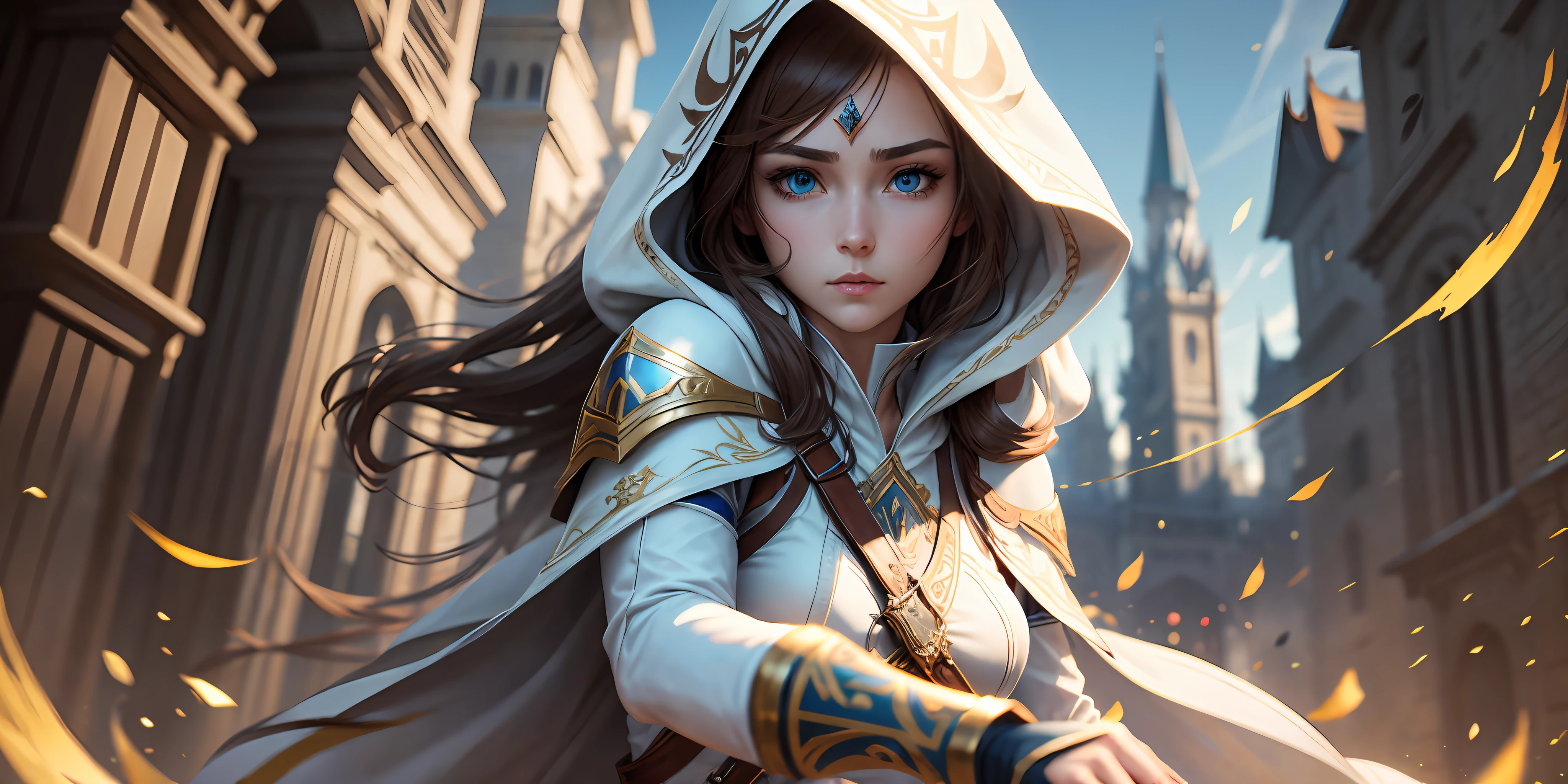 A full-body shot of Princess Zelda, brown hair, blue eyes, dressed as an Assassin from Assassins Creed, in white+gold witha white mask and hood with gold details, XL bust, using a wrist blade. Background: A city during the renaissance period. Unreal Engine 5, Anime, Anime style, Masterpiece, Well drawn eyes, well drawn face, well detailed eyes, well detailed face, 8k, light and shadow effect. --auto --s2