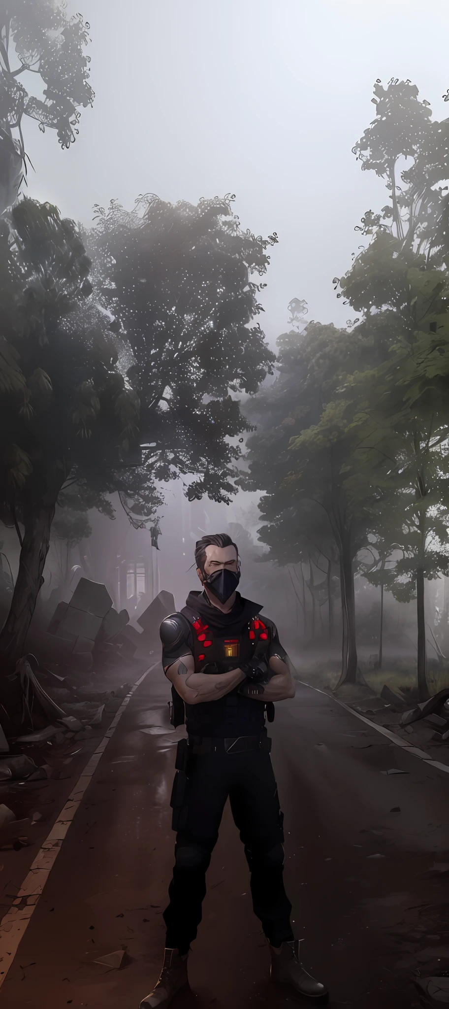 (extremely detailed CG unity 8k wallpaper), (masterpiece), (best quality:1.2), (highres), (illustration:1.1), (cinematic light:1.1), finely detailed, intricate details, (best illustration), 8k resolution, intricate details, best quality, realistic, ultra-detailed, best illumination, best shadow, ultra-HD, cryengine, ultra hd, (detailed reflection), detailed shadows, (((intricate details))), smooth, ((perfect shading)), high quality metal texture, metallic luster, highly detailed illustration, (semi realistic:1.6), (wide_shot:1.2), (from below, dutch_angle), dutch angle, ((cowboy shot)), (((1male:1.5))), (with sword), (((athletic male))), ((manly:1.5)), ((half-closed eyes)), (grey eyes), very detailed face, (((short slicked back hair:1.1))), ((black clothes)), ((high quality black tactical gear, black tactical vest)), clothes flapping with wind, (urban_tech-wear + black_gloves), (((hoodup))), (stalker \\(warframe\\), ((beautifully detailed metallic black skull mask)), ((intricate beautifully detailed jackal_skull_mask)), ((tactical vest + tactical gear)), (survival gear), black clothing, tall boots, (long black coat), (((wearing highly detailed torn black cloak))), perfect hands, archangel, demi-demon, complicated background, dynamic camera angle, blood rain behind, (warzone), (((high quality detailed ruins))), (depth of field), ((cinematic lighting)), ((horror)), ((dark fantasy)), lovecraftian, spot color, monotone, red, splashing blood, (best illumination), (hyper intricate details), ((ultra-detailed)), 4k unity, (extremely detailed CG:1.2), (8k:1.1), ((landscape view)), Artstation, ((by sui ishida, by Wenjun Lin, by stefan morrell)), dystopian art, apocalypse art, ((semi-realistic)), (realism), (dynamic), (nixeu_basic2:0.5),