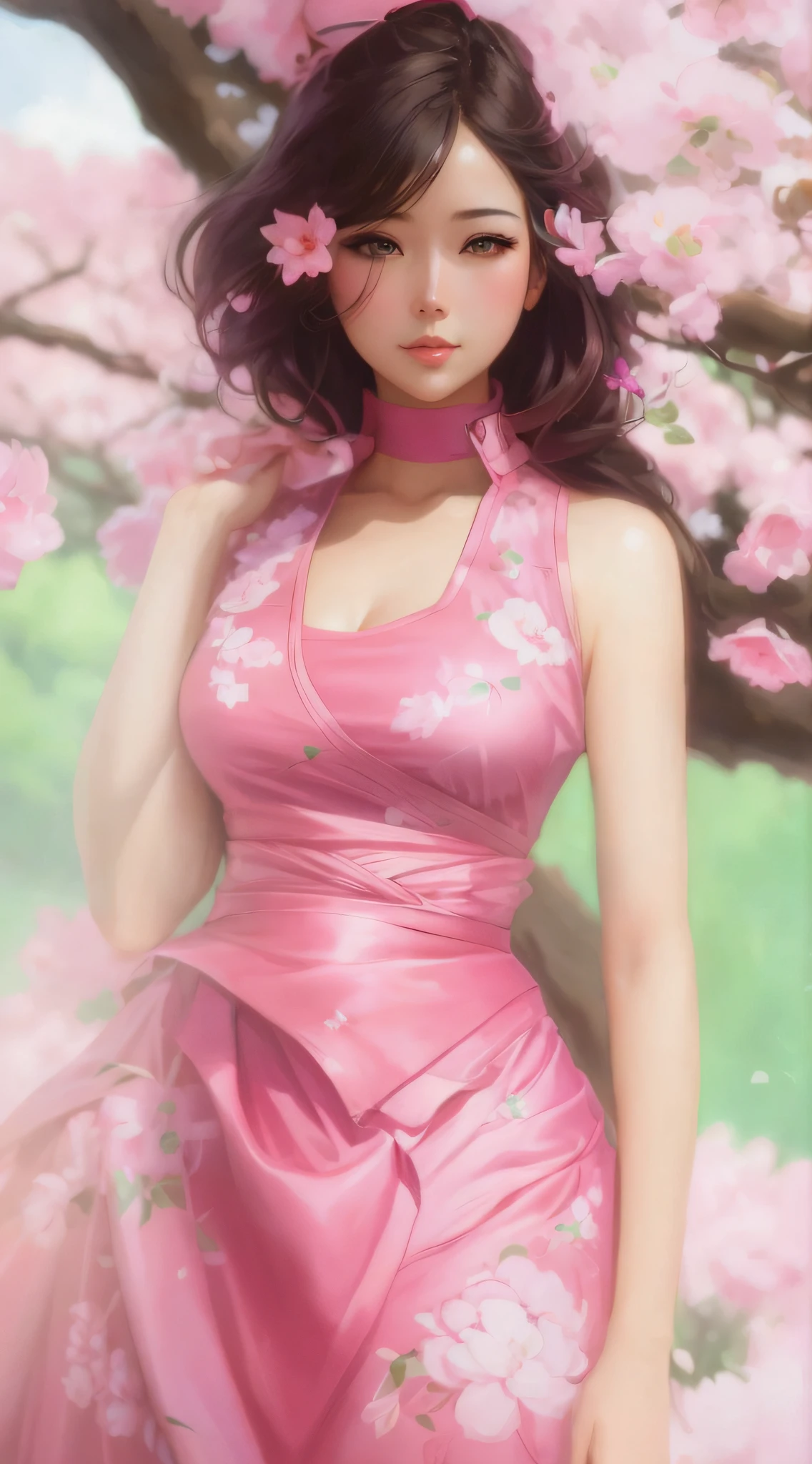 a painting of a woman in a pink dress standing in front of a tree, artwork in the style of guweiz, extremely detailed artgerm, style of artgerm, guweiz, artgerm detailed, artgerm. anime illustration, artgerm and ilya kuvshinov, artgerm. high detail, style artgerm