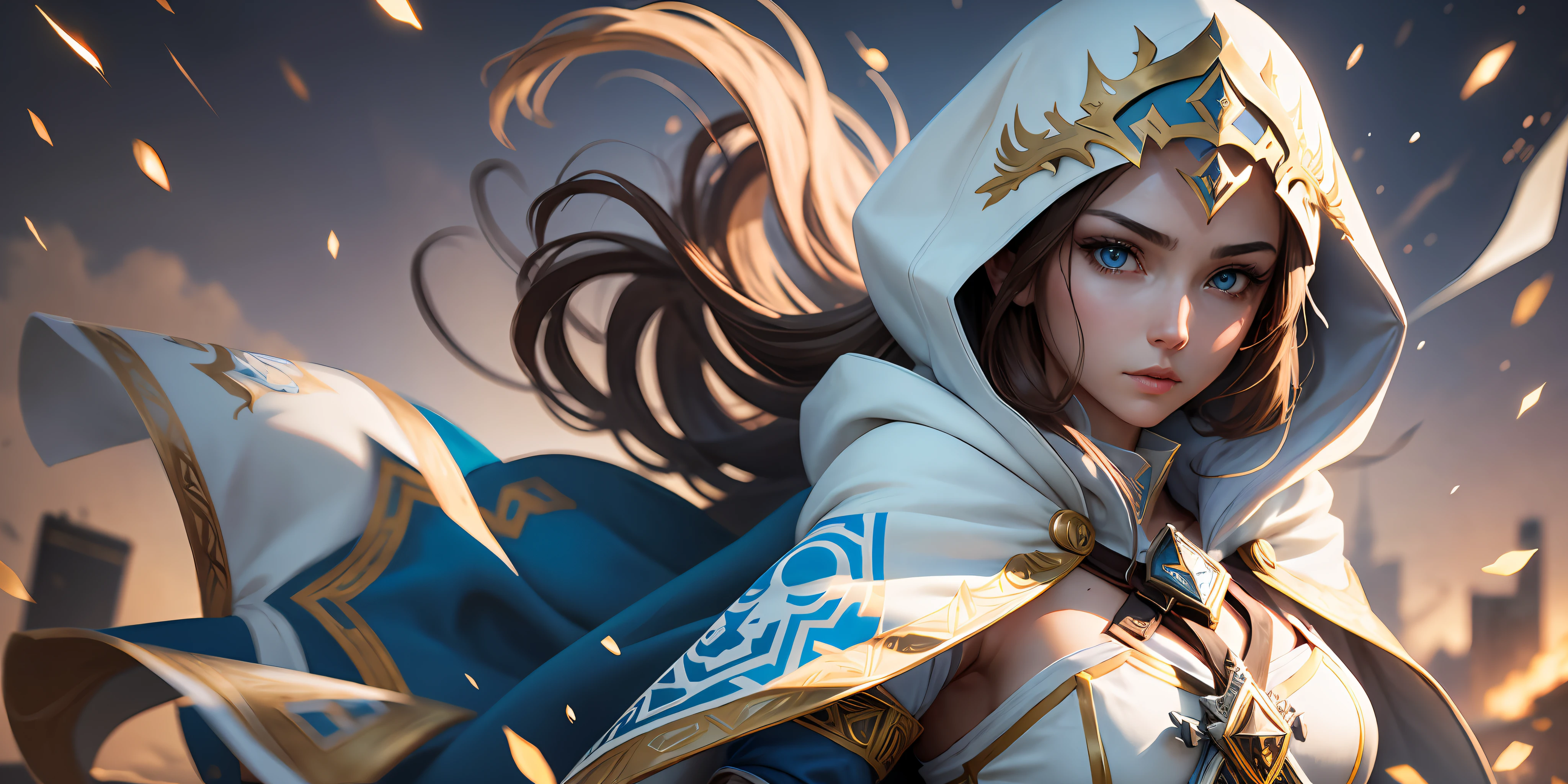 A full-body shot of Princess Zelda, brown hair, blue eyes, dressed as an Assassin from Assassins Creed, in white+gold with a white mask and hood with gold details, XL bust, using a glowing blue+gold kunai. Ready to battle, fighting stance, Background: A city at night during the renaissance period. Unreal Engine 5, Anime, Anime style, Masterpiece, Well drawn eyes, well drawn face, well detailed eyes, well detailed face, 8k, light and shadow effect. --auto --s2