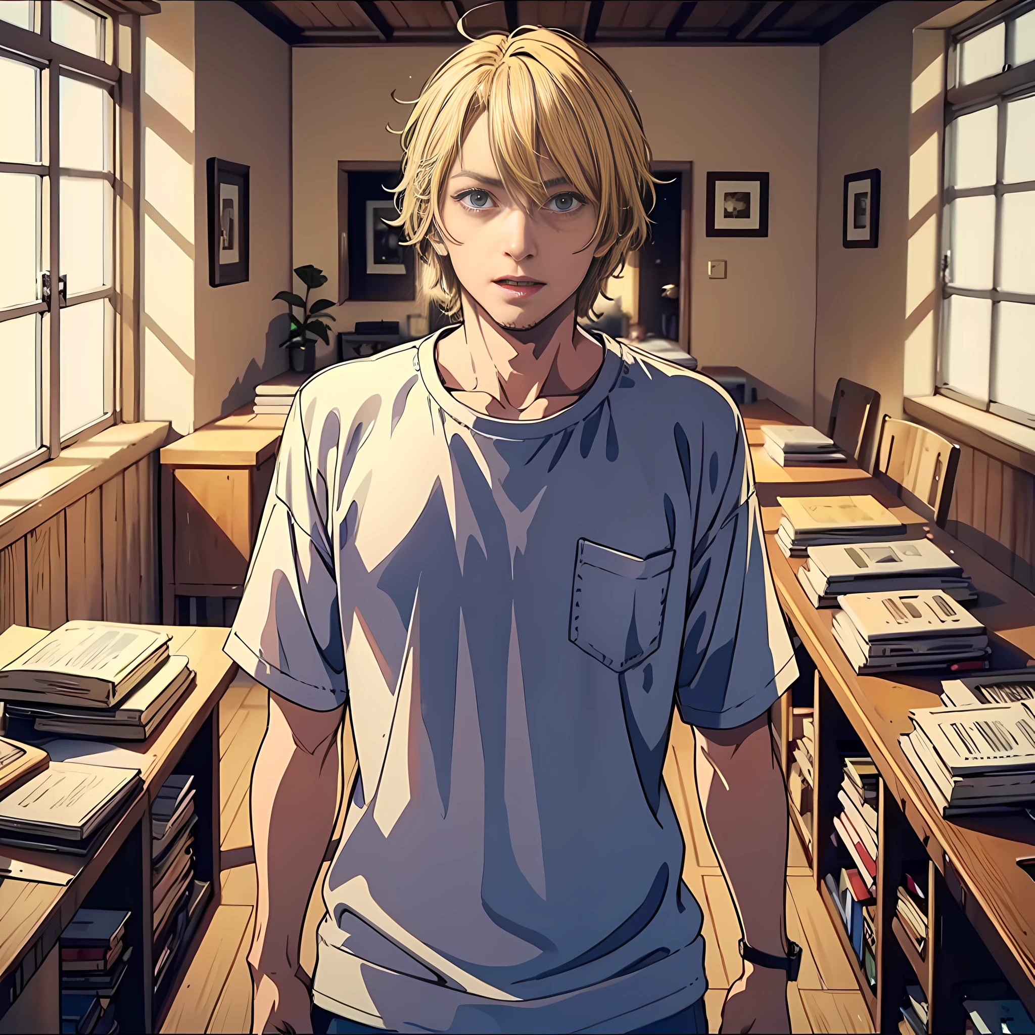 1 man, 40 years old, foreigner, blond hair, blond pupils, standing in the room, excited expression, surreal