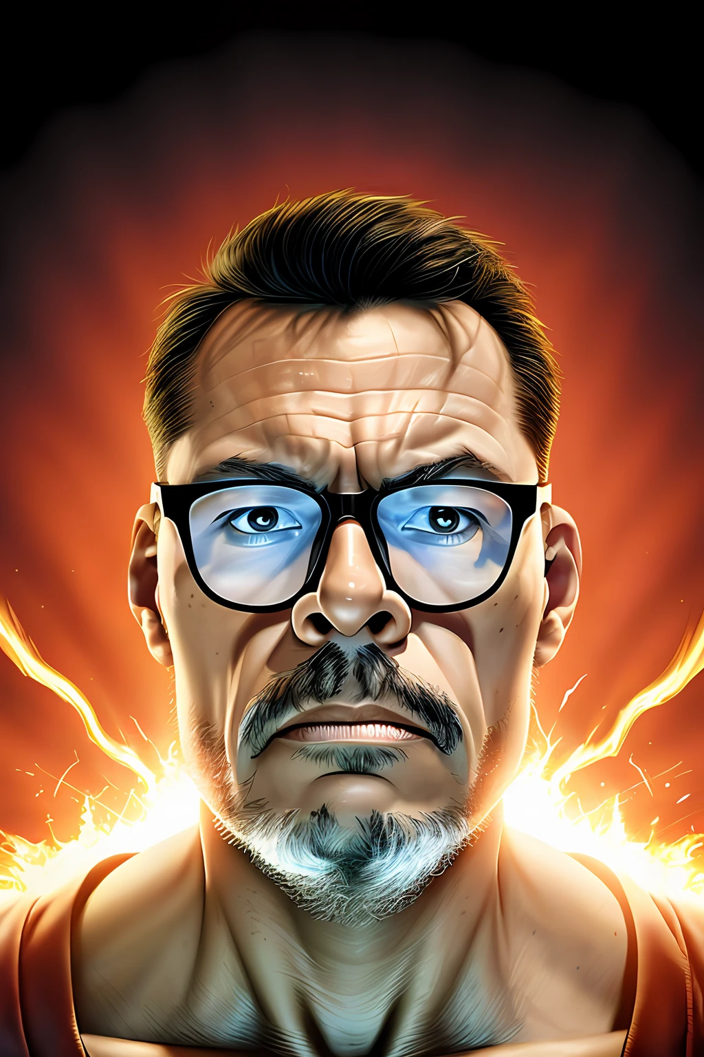 guttonerdvison3, Create an illustration in the style of Alex Ross, depicting a 50-year-old man wearing glasses, with an incredibly detailed face and skin. He is dressed in the iconic Superman costume, complete with the blue suit, red cape, and the unmistakable "S" emblem on his chest.

Set the scene in a city engulfed in flames, with billowing smoke and chaos in the streets below. The man soars through the air, displaying a powerful and determined expression as he flies between buildings, navigating the dangerous environment.

Pay close attention to the intricate details of the man's face, capturing the texture of his skin, the intensity in his eyes behind the glasses, and the determined set of his jaw. Show the wrinkles and lines that come with age, adding to the realism of the portrayal.

The burning cityscape should be depicted with meticulous attention to detail. Show crumbling buildings, flickering flames, and billowing smoke, creating a sense of urgency and danger in the illustration. Use lighting techniques to emphasize the contrast between the fiery chaos below and the determined hero soaring above.

Stay true to the artistry of Alex Ross, emphasizing realism, attention to detail, and a dynamic composition. Let the final illustration capture the essence of the Superman character, showcasing strength, heroism, and a sense of hope in the face of adversity.