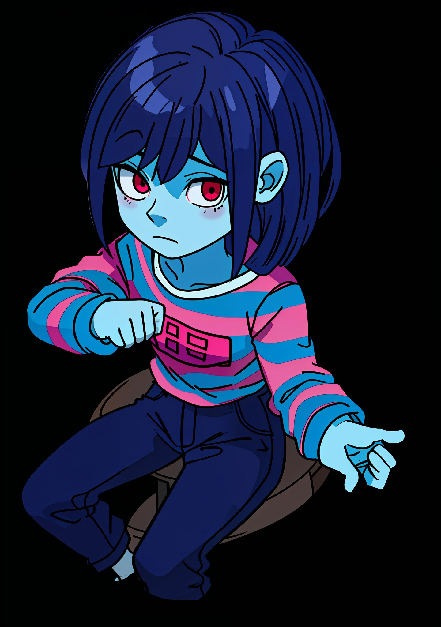 dark blue hair, blue skin, pink striped shirt, dark pants, expressionless, red eyes, sitting down, hd, highres