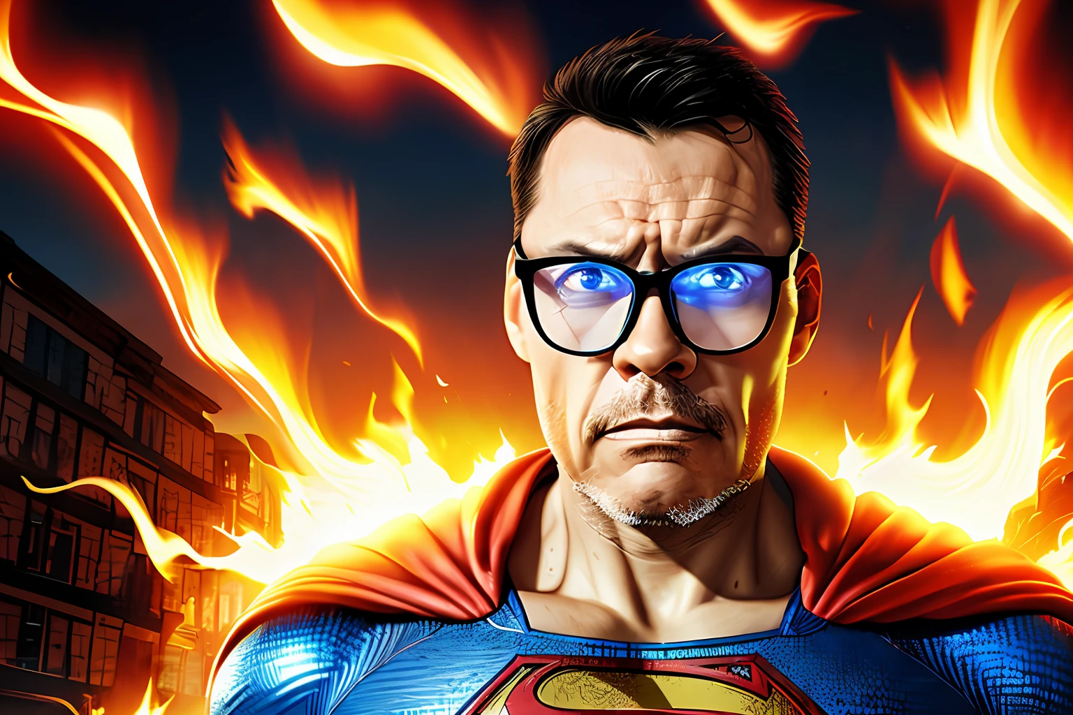 guttonerdvison3, Create an illustration in the style of Alex Ross, depicting a 50-year-old man wearing glasses, with an incredibly detailed face and skin. He is dressed in the iconic Superman costume, complete with the blue suit, red cape, and the unmistakable "S" emblem on his chest.

Set the scene in a city engulfed in flames, with billowing smoke and chaos in the streets below. The man soars through the air, displaying a powerful and determined expression as he flies between buildings, navigating the dangerous environment.

Pay close attention to the intricate details of the man's face, capturing the texture of his skin, the intensity in his eyes behind the glasses, and the determined set of his jaw. Show the wrinkles and lines that come with age, adding to the realism of the portrayal.

The burning cityscape should be depicted with meticulous attention to detail. Show crumbling buildings, flickering flames, and billowing smoke, creating a sense of urgency and danger in the illustration. Use lighting techniques to emphasize the contrast between the fiery chaos below and the determined hero soaring above.

Stay true to the artistry of Alex Ross, emphasizing realism, attention to detail, and a dynamic composition. Let the final illustration capture the essence of the Superman character, showcasing strength, heroism, and a sense of hope in the face of adversity.