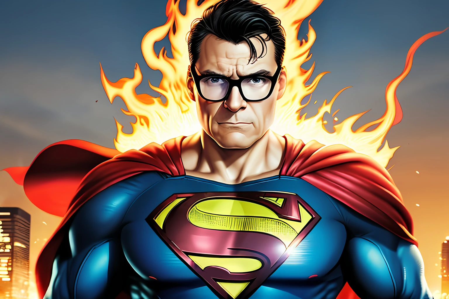 guttonerdvison3, Create an illustration in the style of Alex Ross, depicting a 50-year-old man wearing glasses, with an incredibly detailed face and skin. He is dressed in the iconic Superman costume, complete with the blue suit, red cape, and the unmistakable "S" emblem on his chest.

Set the scene in a city engulfed in flames, with billowing smoke and chaos in the streets below. The man soars through the air, displaying a powerful and determined expression as he flies between buildings, navigating the dangerous environment.

Pay close attention to the intricate details of the man's face, capturing the texture of his skin, the intensity in his eyes behind the glasses, and the determined set of his jaw. Show the wrinkles and lines that come with age, adding to the realism of the portrayal.

The burning cityscape should be depicted with meticulous attention to detail. Show crumbling buildings, flickering flames, and billowing smoke, creating a sense of urgency and danger in the illustration. Use lighting techniques to emphasize the contrast between the fiery chaos below and the determined hero soaring above.

Stay true to the artistry of Alex Ross, emphasizing realism, attention to detail, and a dynamic composition. Let the final illustration capture the essence of the Superman character, showcasing strength, heroism, and a sense of hope in the face of adversity.