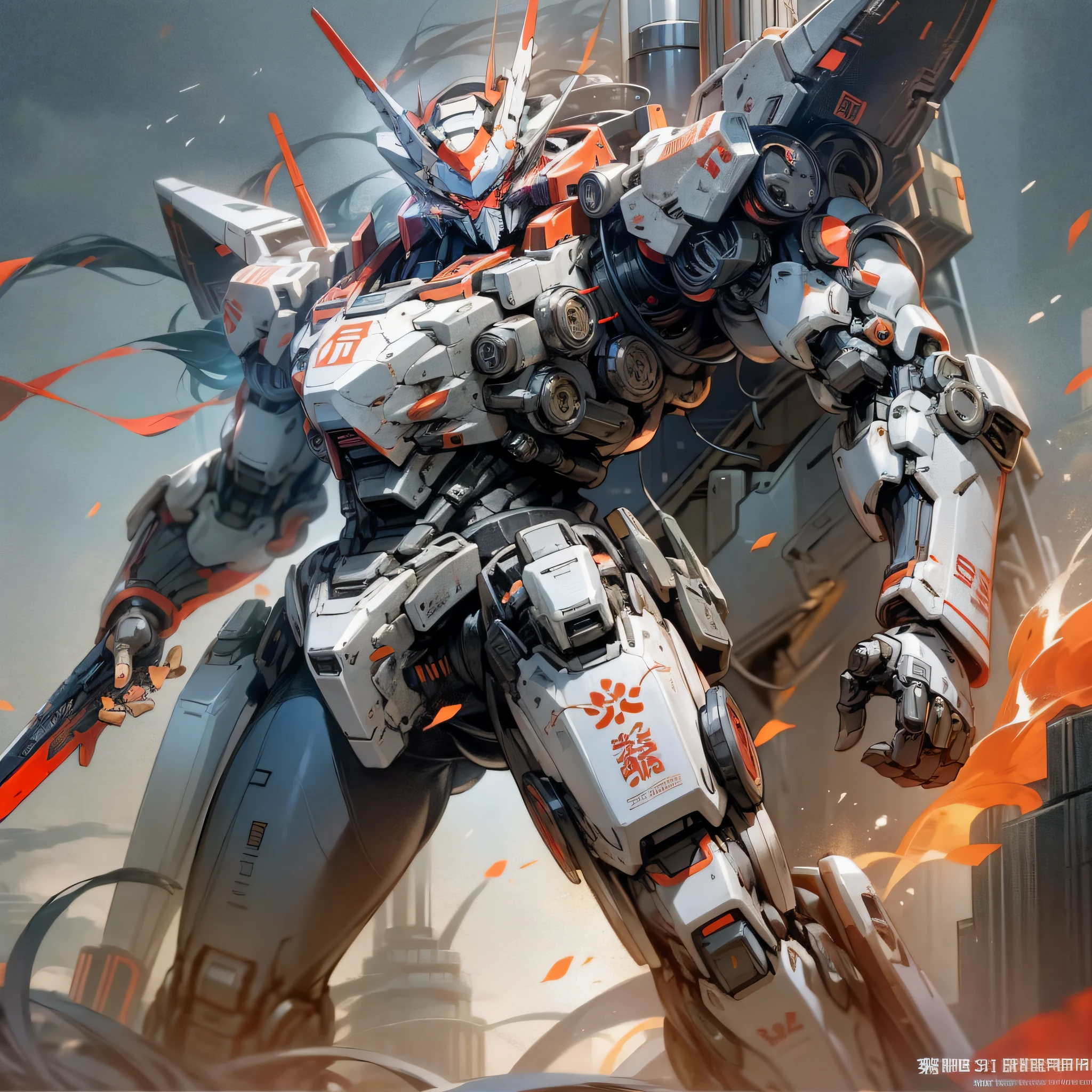 Pacific Rim mecha style, the background is the city, the mecha is higher than the city, the super large silver mech, holding the giant sword, the giant sword emits dark red light, there is a close-up of the face, and there are fire weapons, the leg is printed with "Chinese Jishui" 4 red characters, realistic style, top view, the picture is 8K resolution --auto --s2
