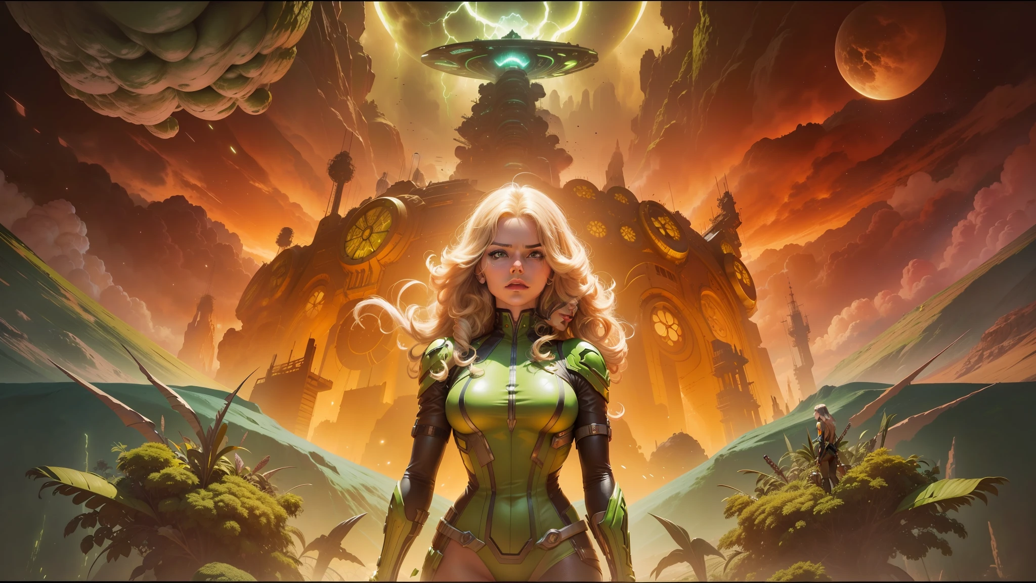 a close up of a woman in a green and yellow costume, heavy metal comic cover art, barbarella, ash thorp, official art, panoramic widescreen view, megadeth, matte coloring, 1970s, syndicate(2012), psionic, nebula, by Juan Giménez, 1 9 7 0 s --auto --s2