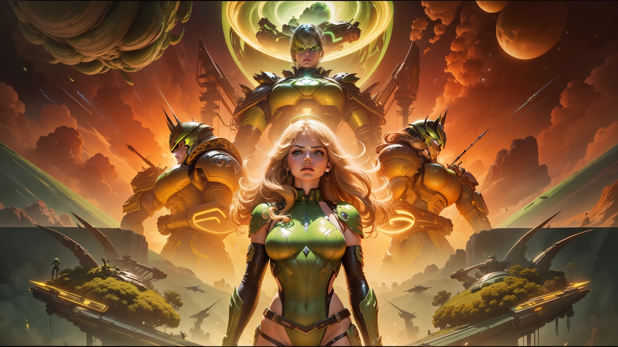 a close up of a woman in a green and yellow costume, heavy metal comic cover art, barbarella, ash thorp, official art, panoramic widescreen view, megadeth, matte coloring, 1970s, syndicate(2012), psionic, nebula, by Juan Giménez, 1 9 7 0 s --auto --s2