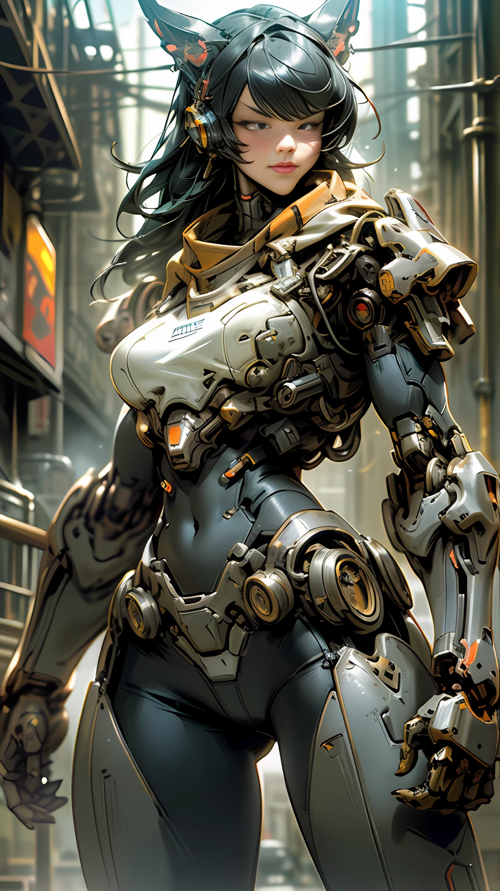 Dark_Fantasy,Cyberpunk, 1 cyberpunk catgirl, Mechanical marvel,Robotic presence,Cybernetic guardian, wearing a worn-out mech suit, intricate, (steel metal [rusty]), elegant, clear focus, shot by greg rutkowski, soft lighting,  strong vibrant colors, masterpiece, ((street)), cowboy shot, dynamic pose