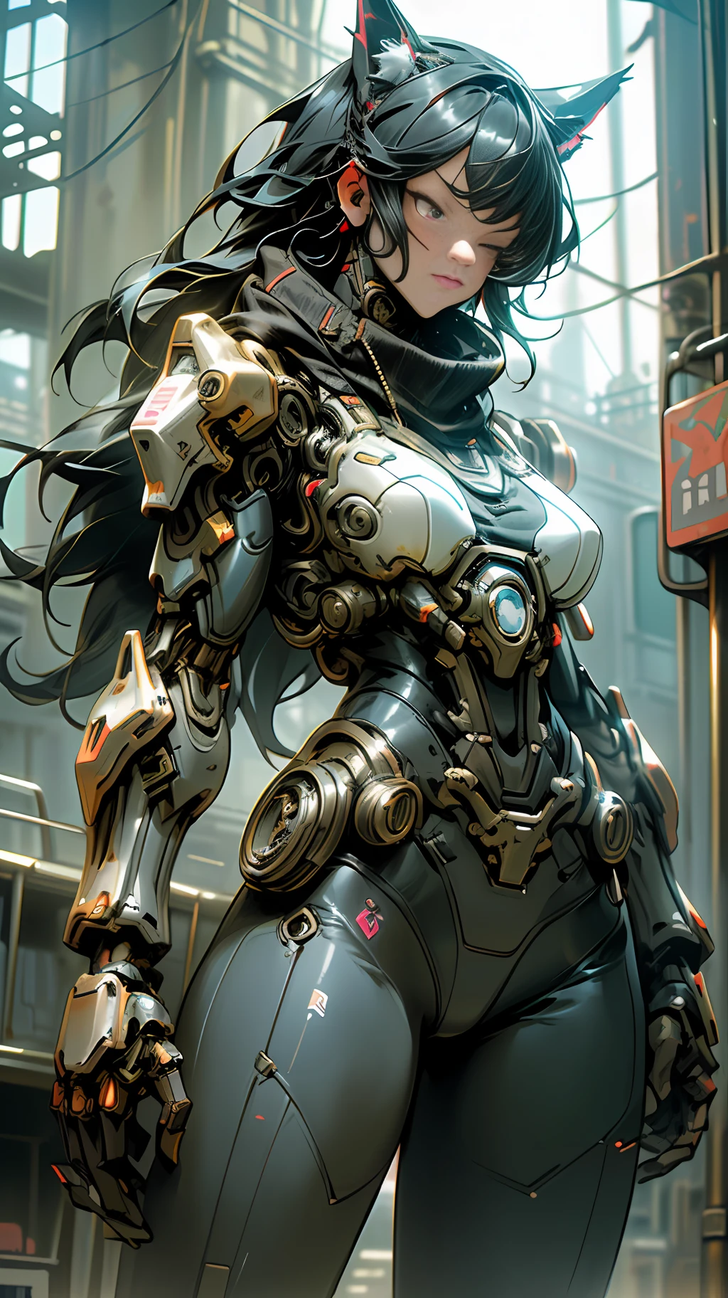 Dark_Fantasy,Cyberpunk, 1 cyberpunk catgirl, Mechanical marvel,Robotic presence,Cybernetic guardian, wearing a worn-out mech suit, intricate, (steel metal [rusty]), elegant, clear focus, shot by greg rutkowski, soft lighting,  strong vibrant colors, masterpiece, ((street)), cowboy shot, dynamic pose