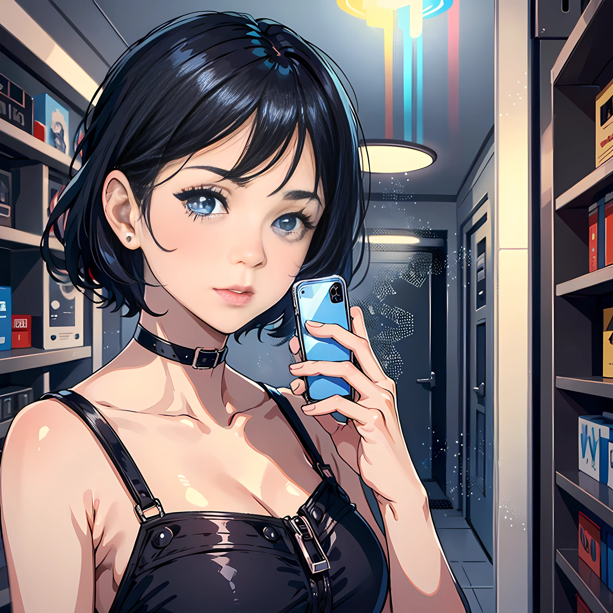 1 woman, delicate face, black hair, blue pupils, black dress, standing in a room, holding a cell phone, surreal