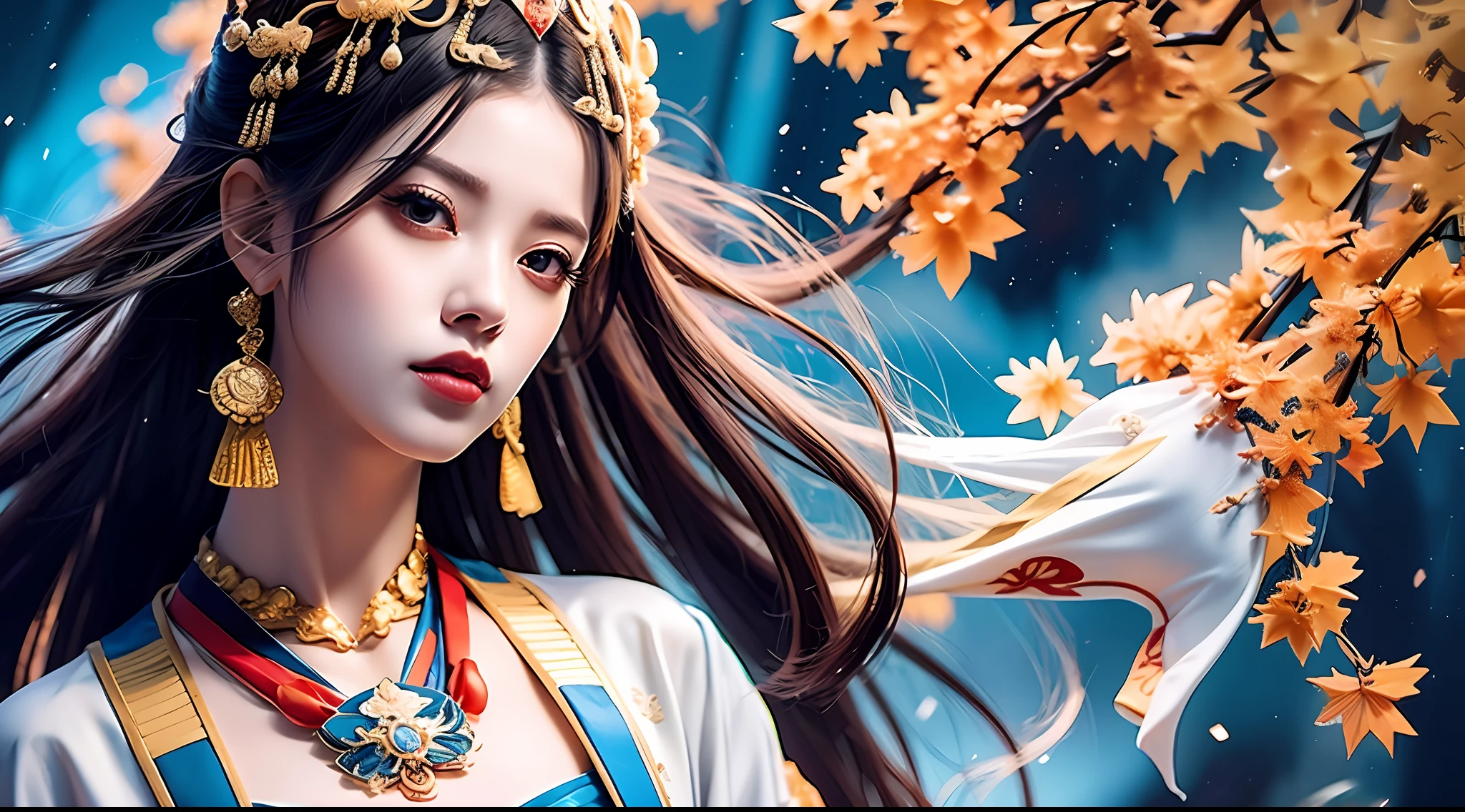 Wu Zetian, the female emperor, a very beautiful woman, dignified and beautiful, beautiful face, beautiful eyebrows, delicate skin, and graceful figure. Her hairstyle is often coiled in a bun, Chinese headdress, jewelry, gorgeous clothes, making her look more noble and gorgeous, peerless beauty, "the national color is fragrant, the sinking fish falls into the geese". Hanfu,