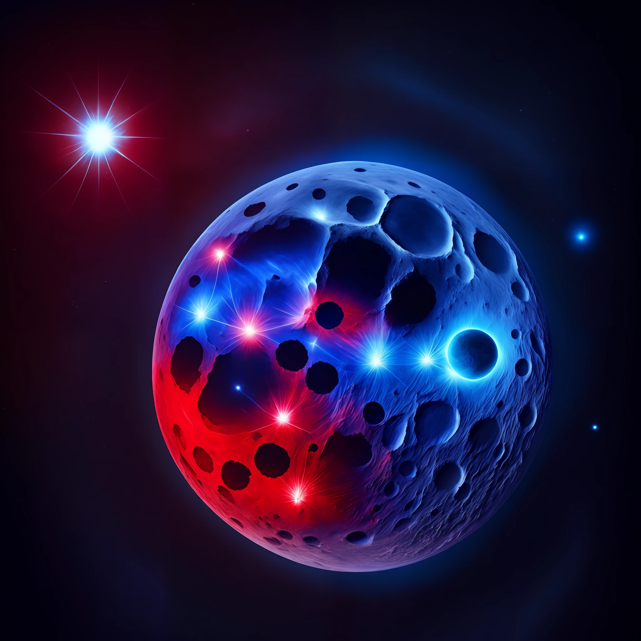 Stars and moon in the sky, realistic photos, 8K video, blue and red colors of the moon, moon in the center, craters,