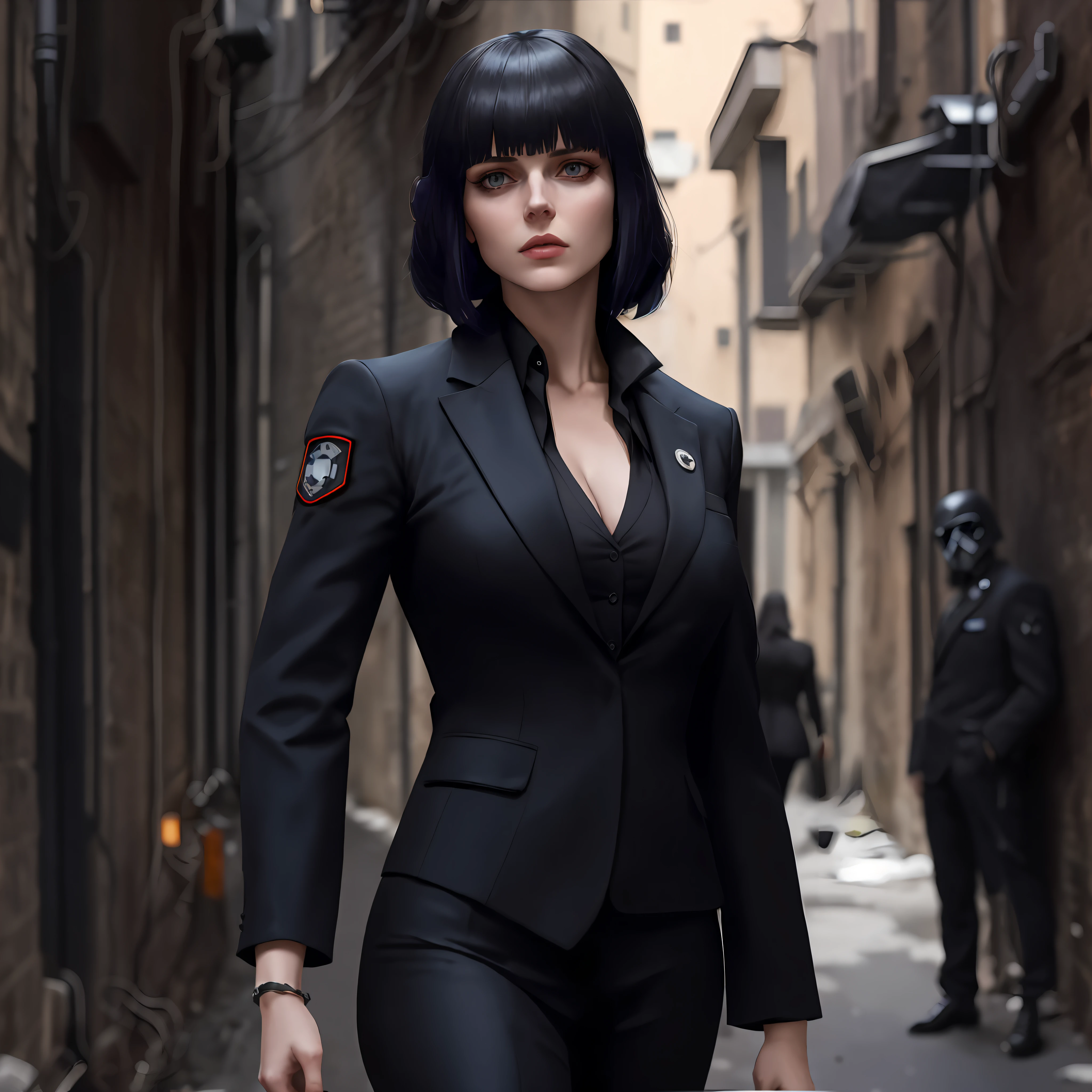woman in black suit walking down a narrow alleyway with a suitcase, an imperial agent from star wars, female spy, futuristic spy, styled like ghost in the shell, style of julia razumova, girl in a suit, anastasia ovchinnikova, girl in suit, security agent, anya from spy x family, beautiful cyberpunk woman model
