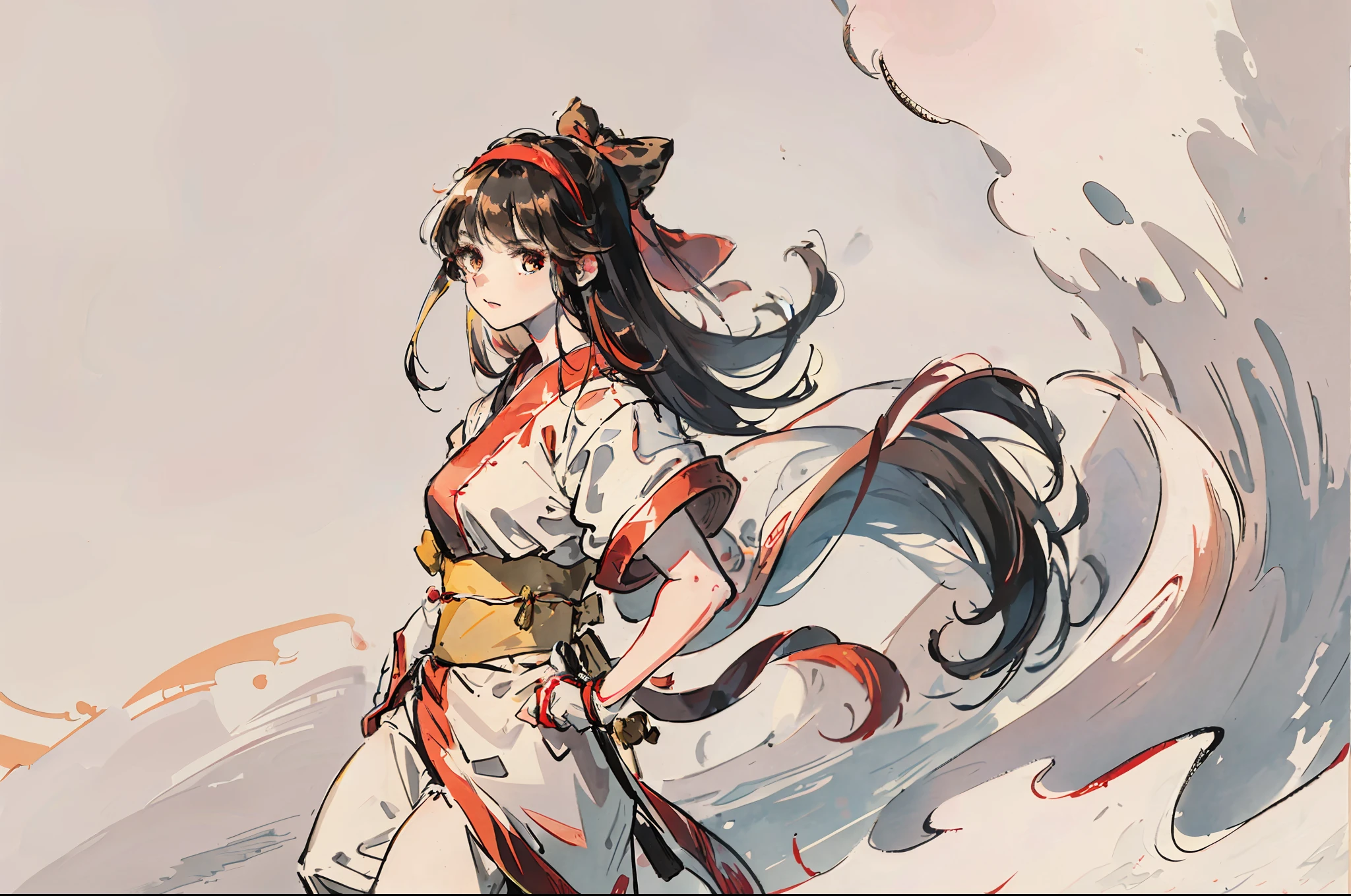 masterpiece, best quality,1girl, solo, nakorurums, red bow, bow, long hair, hair bow, ainu clothes, solo, hairband, black hair, fingerless gloves, short sleeves, gloves, sash, bangs, red hairband, breasts, brown eyes, white pants, japanese clothes, masterpiece, (sparkle: 1.3), relax, (illustration: 1.5), (brush), character selection screen