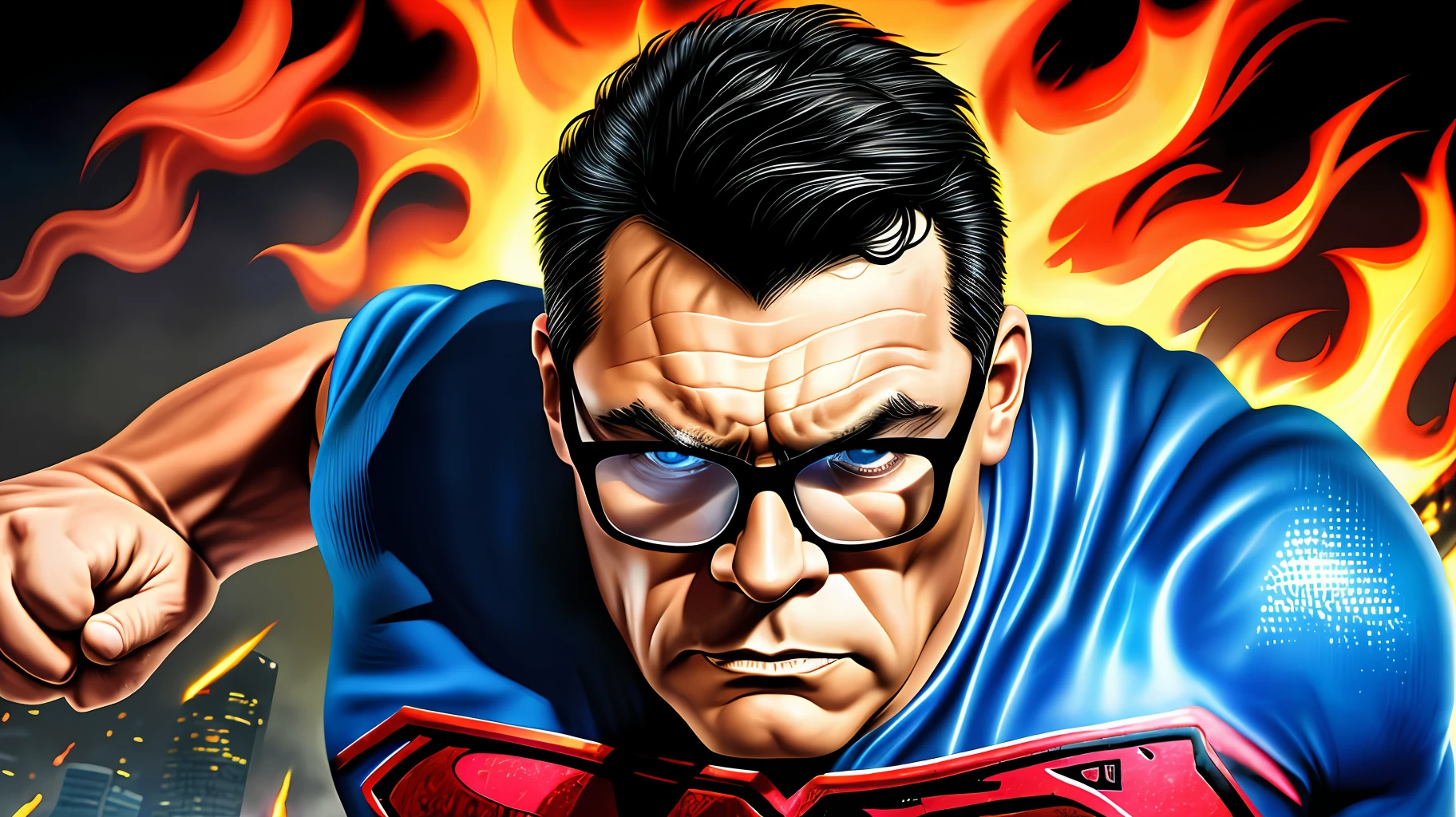 guttonerdvison3, Create an illustration in the style of Alex Ross, depicting a 50-year-old man wearing glasses, with an incredibly detailed face and skin. He is dressed in the iconic Superman costume, complete with the blue suit, red cape, and the unmistakable "S" emblem on his chest.

Set the scene in a city engulfed in flames, with billowing smoke and chaos in the streets below. The man soars through the air, displaying a powerful and determined expression as he flies between buildings, navigating the dangerous environment.

Pay close attention to the intricate details of the man's face, capturing the texture of his skin, the intensity in his eyes behind the glasses, and the determined set of his jaw. Show the wrinkles and lines that come with age, adding to the realism of the portrayal.

The burning cityscape should be depicted with meticulous attention to detail. Show crumbling buildings, flickering flames, and billowing smoke, creating a sense of urgency and danger in the illustration. Use lighting techniques to emphasize the contrast between the fiery chaos below and the determined hero soaring above.

Stay true to the artistry of Alex Ross, emphasizing realism, attention to detail, and a dynamic composition. Let the final illustration capture the essence of the Superman character, showcasing strength, heroism, and a sense of hope in the face of adversity.