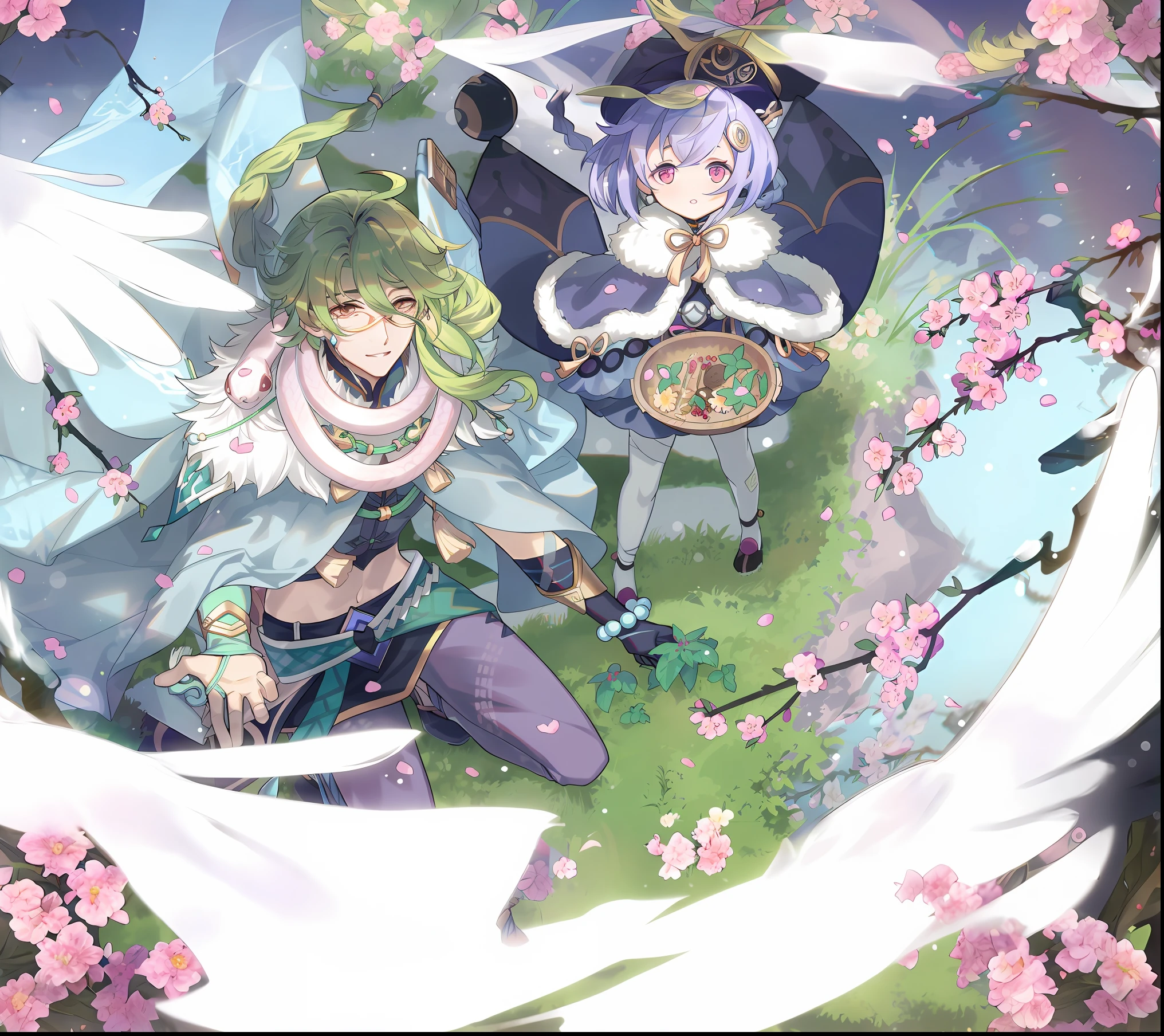anime characters in a circle with a background of flowers, official artwork, genshin, from touhou, art style of rune factory 5, onmyoji detailed art, anime fantasy illustration, shirabii, high detailed official artwork, rune factory 5, official art, anime in fantasy style, touhou project official artwork, detailed fanart, touhou project