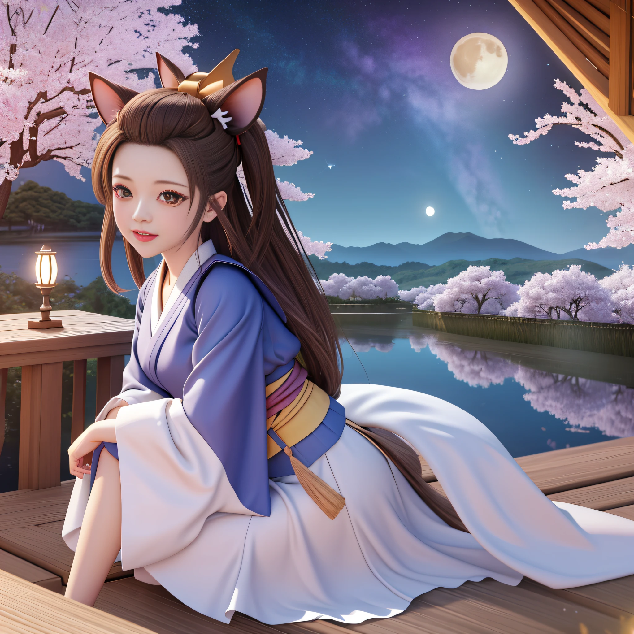 masterpiece, best quality, 8k, wonderful, lake, mountain, bamboo forest, wooden house, moon, night, star sky, Galaxy, blossom, brown hair, brown eyes, bangs pinned back, with bow tie, forehead, animal ears, animal tail, have a tail, very long sleeves, petite, kimono, girl, adult, yugioh, ash blossom & joyous spring, open mouth, lying down