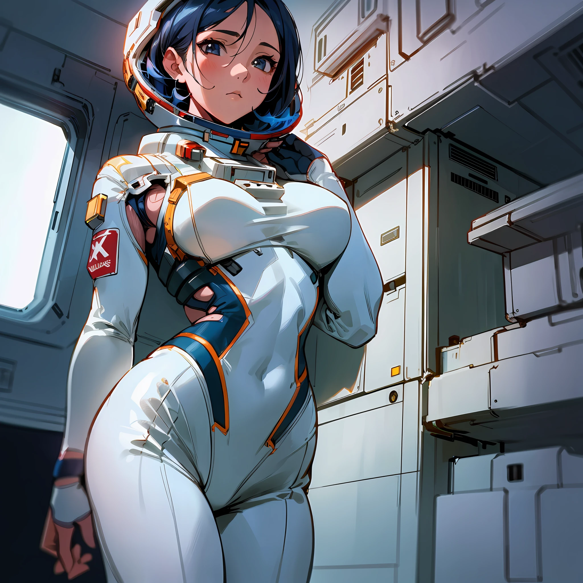 girl in astronaut suit on moon, (An extremely delicate and beautiful work), beautiful face, waist leaking, full body, Random posture, big breasts, delicate figure, realistic photo, (portrait), [smoke], [haze], natural lighting, shallow depth of field, photographed on a Canon EOS-1D X Mark III, 50mm lens, F/2.8, (intricately detailed, hyperdetailed), ((RAW color)), sharp focus, HDR, 4k resolution, Cinematic film, en el espacio esterior