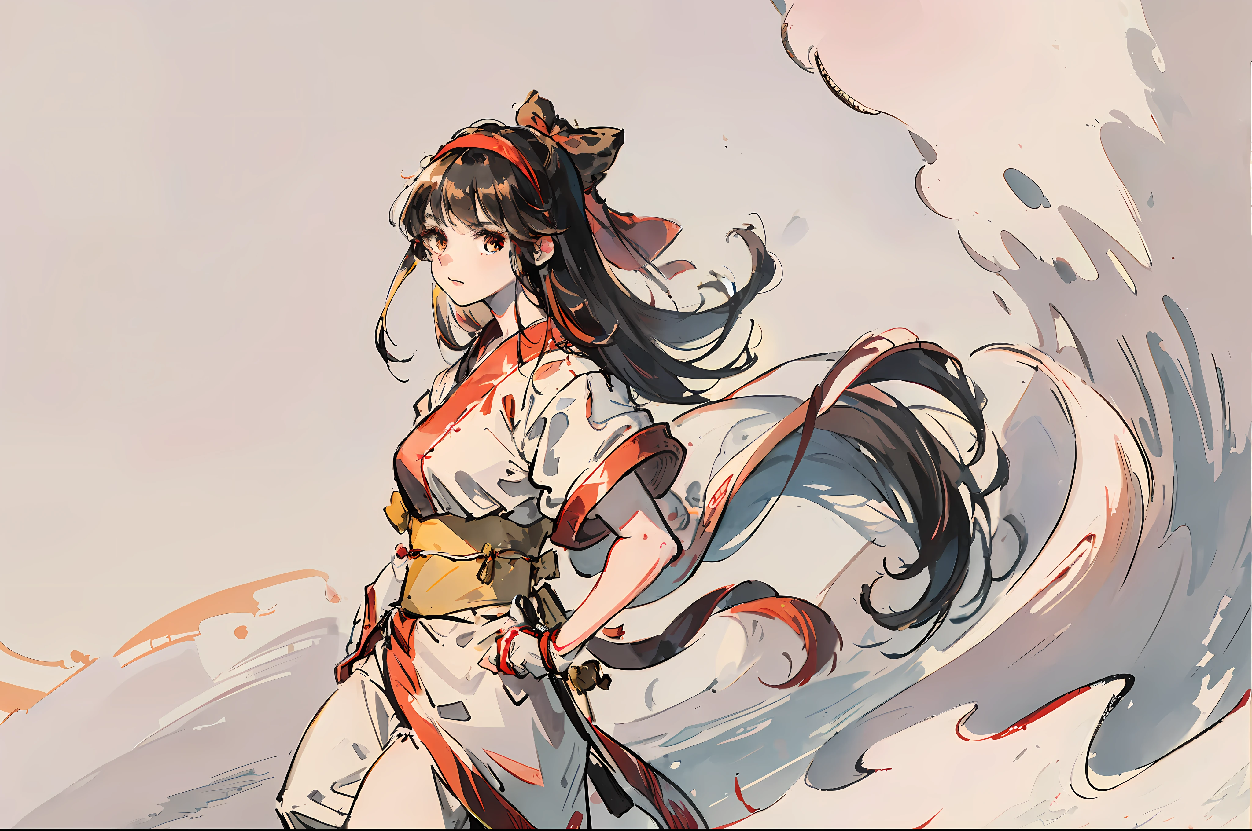 masterpiece, best quality,1girl, solo, nakorurums, red bow, bow, long hair, hair bow, ainu clothes, solo, hairband, black hair, fingerless gloves, short sleeves, gloves, sash, bangs, red hairband, breasts, brown eyes, white pants, japanese clothes, masterpiece, (sparkle: 1.3), relax, (illustration: 1.5), (brush), character selection screen