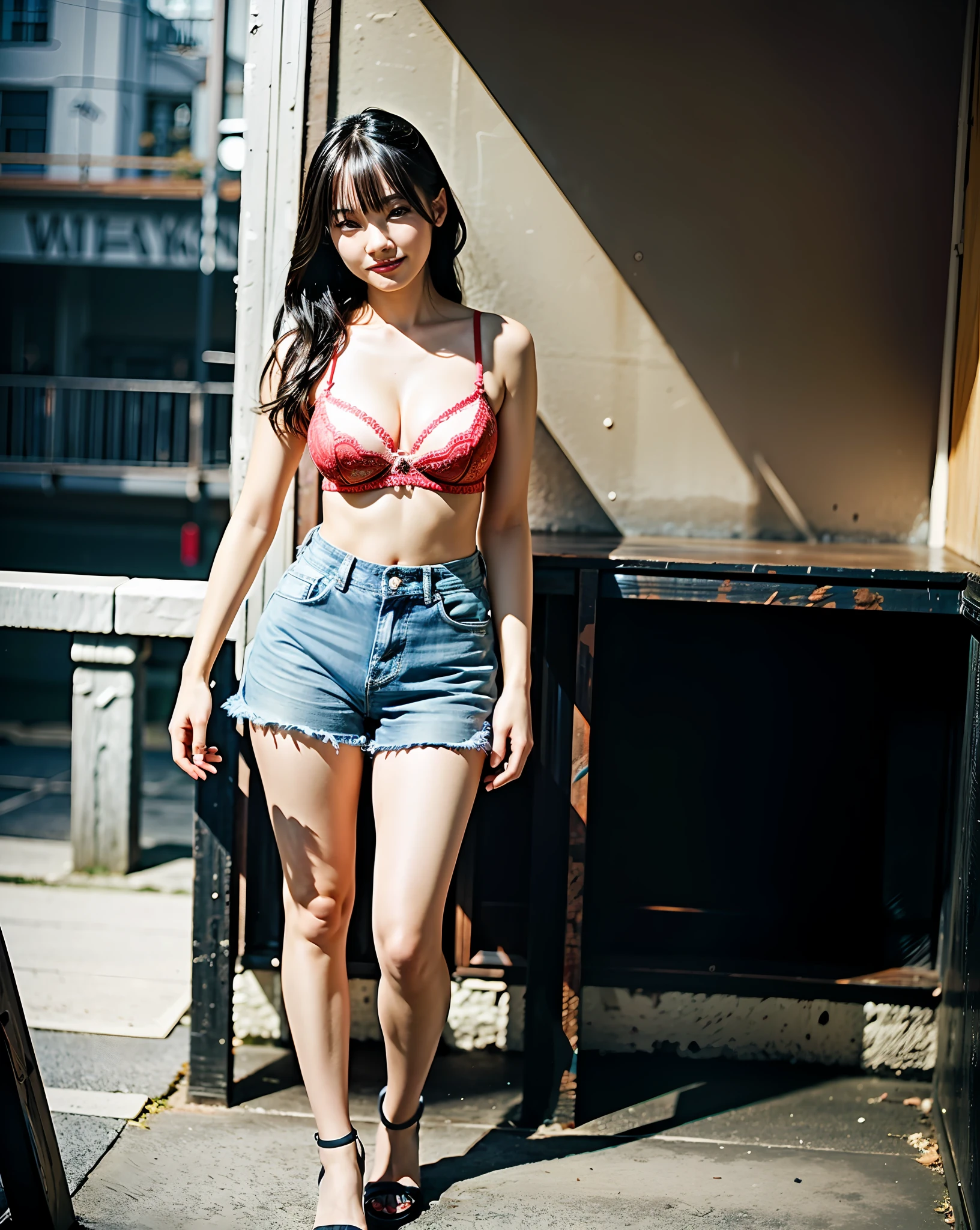 1girl, (big), denim skirt, red bra, soft lighting, looking viewer, smile, full body, full body, standing figure, standing, beautiful legs, legs, high heels, hands horizontally sideways, beautiful detailed girl, highly detailed eyes and face, beautiful detailed eyes, (8K, RAW photos, best quality, masterpiece: 1.2), (realistic, photorealistic: 1.37), Professional Lighting, Photon Mapping, Radiosity, Physically Based Rendering, Red Bra, Red Bra, Underwear, Standing, Full Body Visible, Standing, Standing