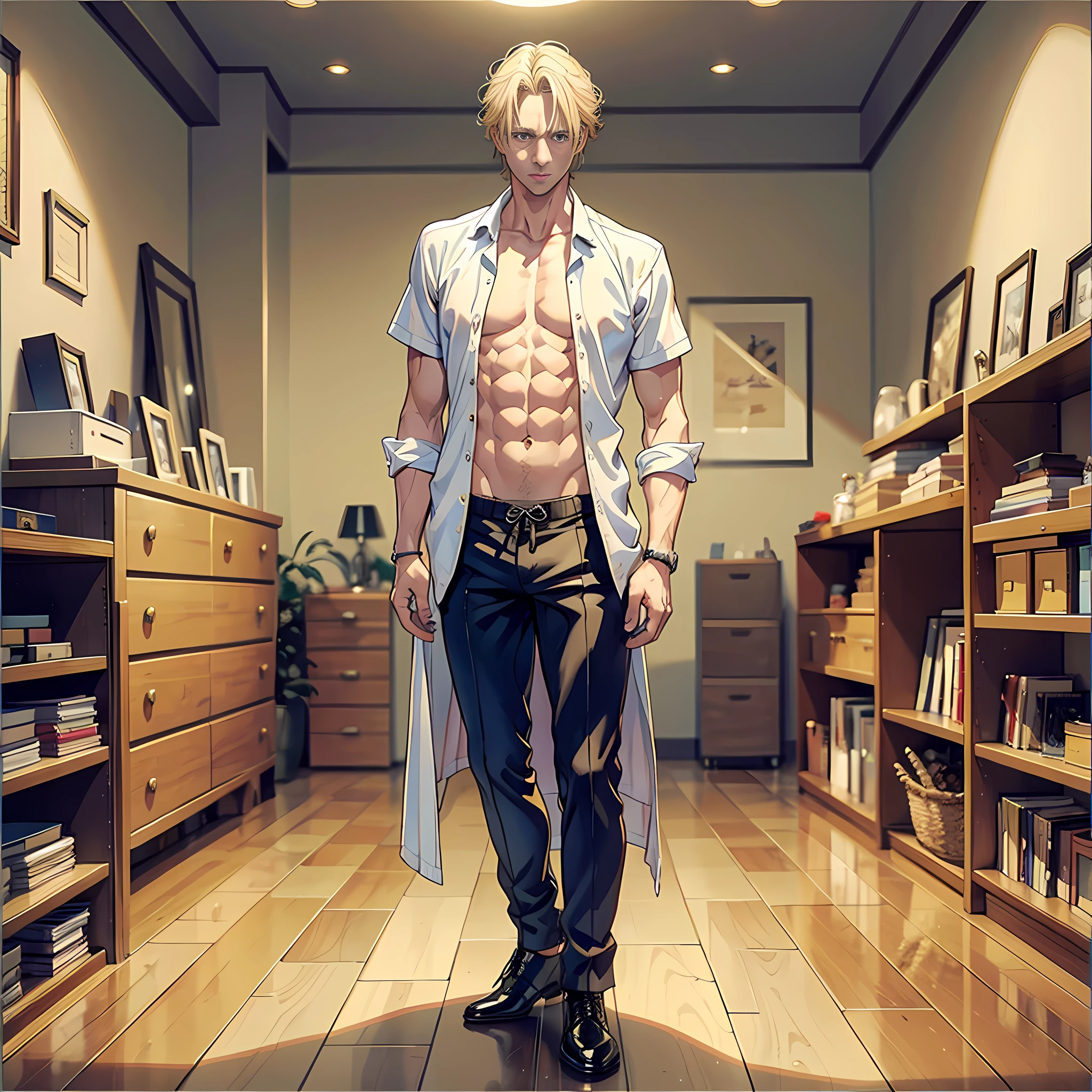 1 man, 40 years old, foreigner, blond hair, blond pupils, standing in the room, shirtless, surrealist